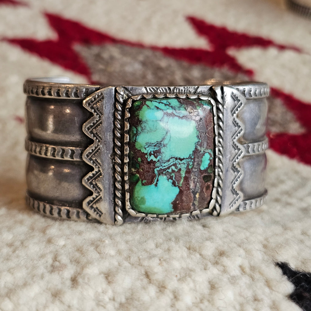 Wide Forged Silver & Turquoise Vintage Native Cuff fits 6 1/2" wrist JB 335
