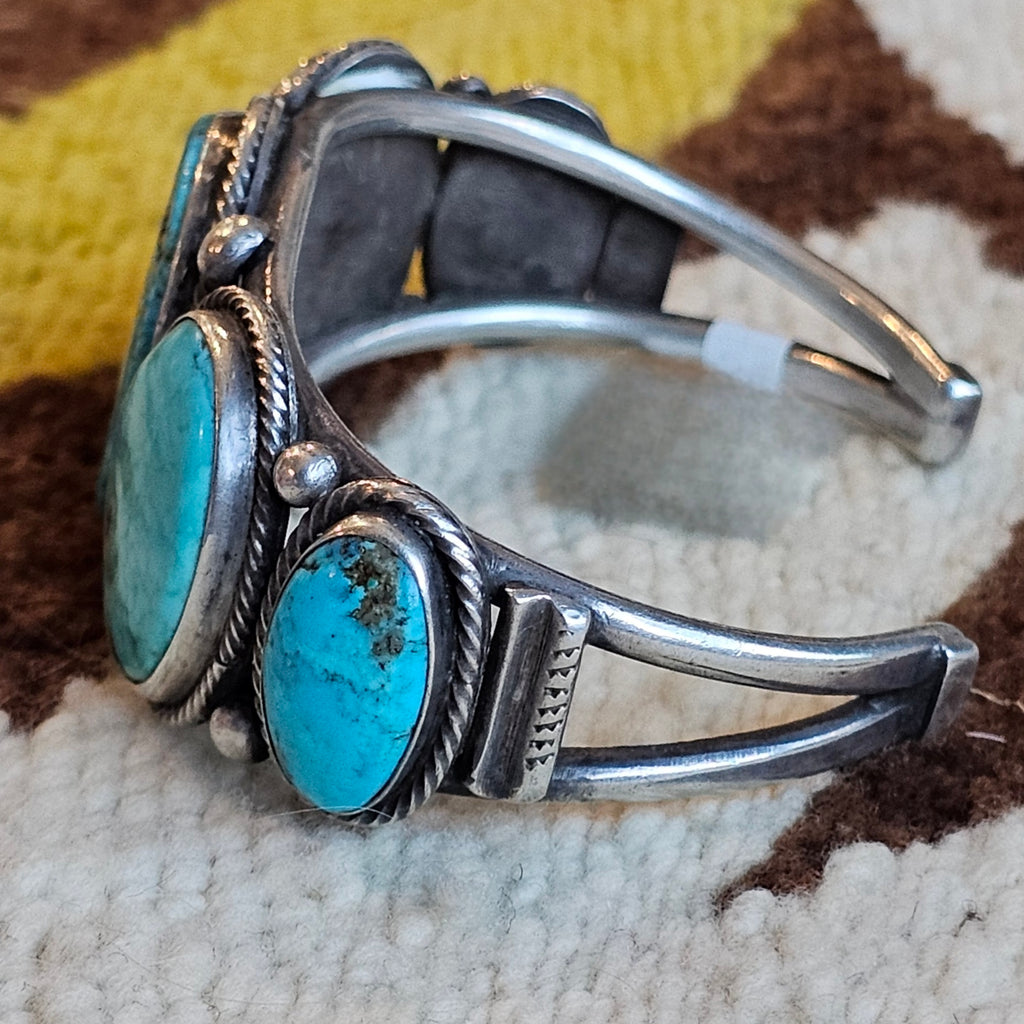 1940s Big Blue Cabochons Turquoise Sterling Silver Row Bracelet 6 3/4" wrist JB 275