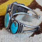 1940s Big Blue Cabochons Turquoise Sterling Silver Row Bracelet 6 3/4" wrist JB 275