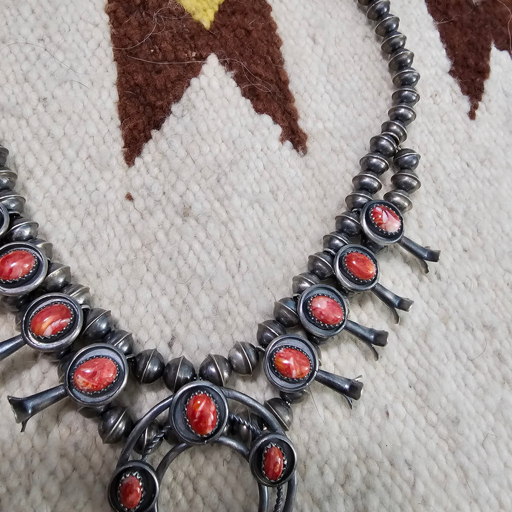 Signed Spiny Oyster Small Squash Blossom Necklace: Old Pawn Sterling Silver  JN 832