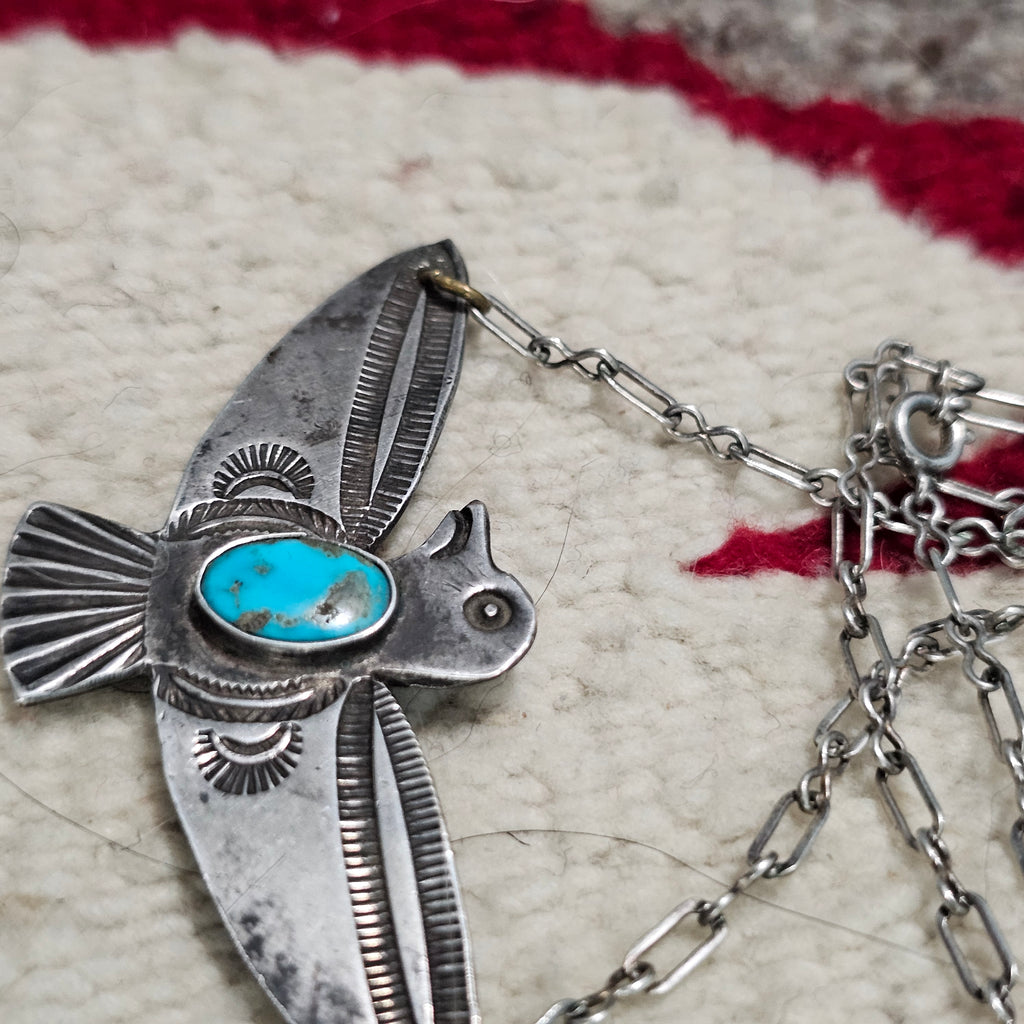 1930s Vintage Thunderbird Blue Turquoise Native Necklace Old Pawn JN 845