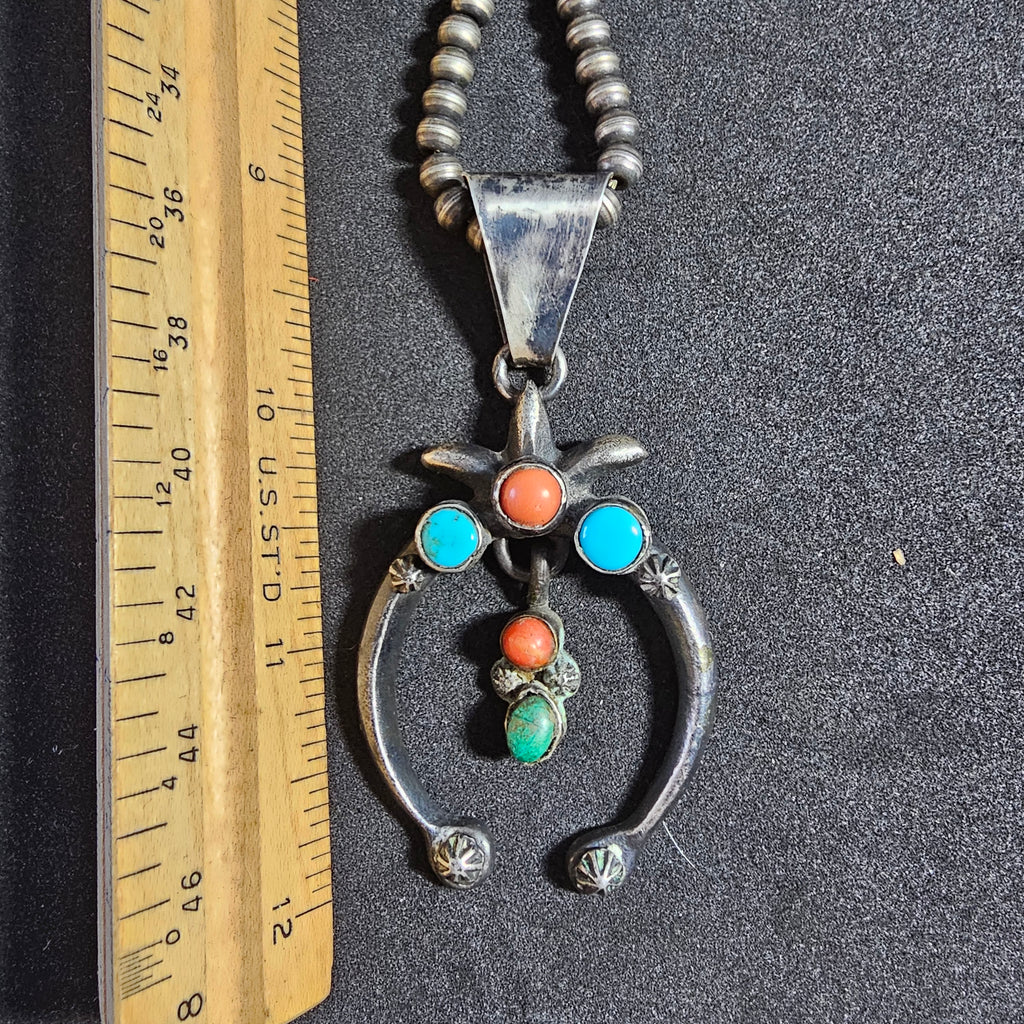 Naja Squash Blossom Turquoise & Coral Native Sterling Necklace  Old Pawn C1970s JN 803