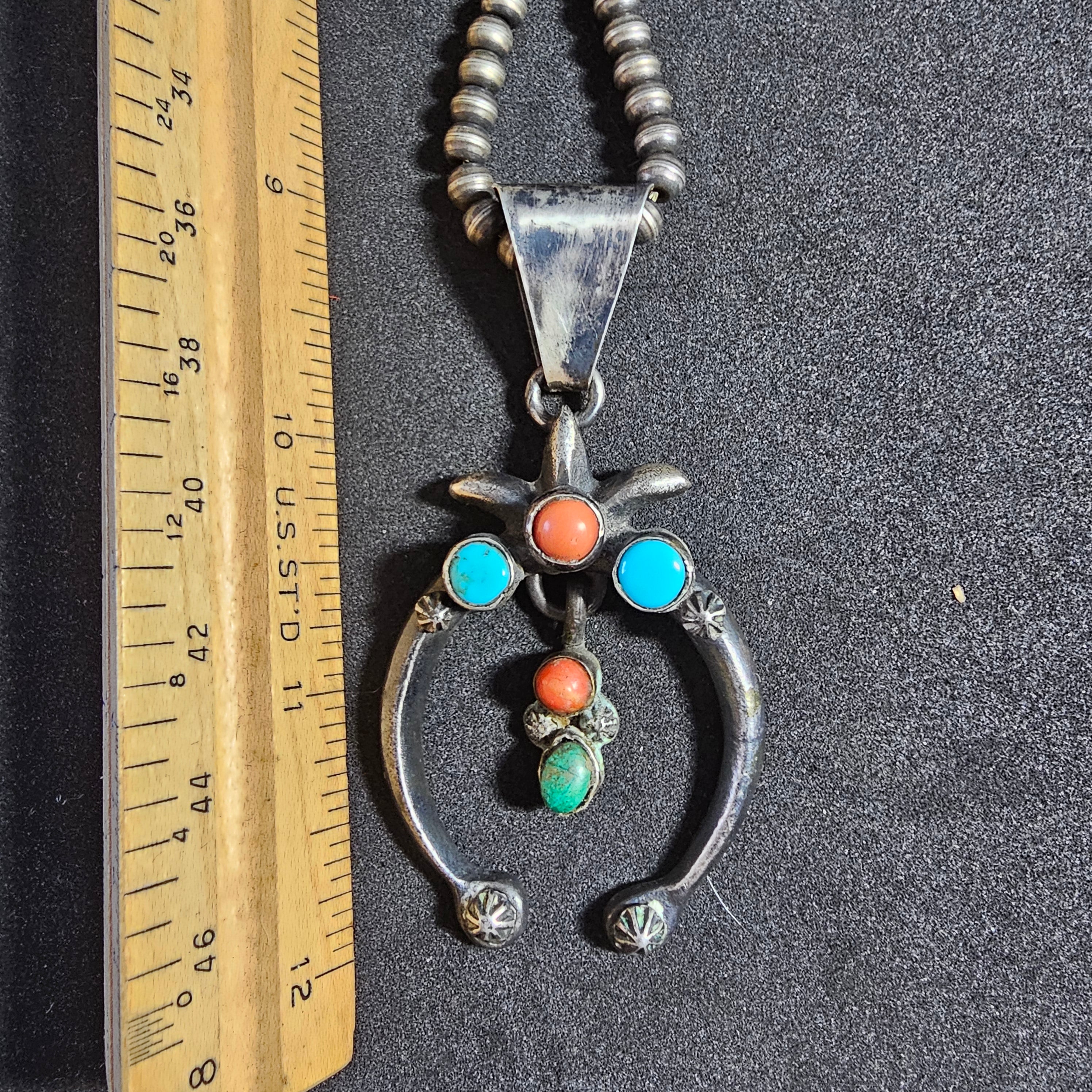 Naja Squash Blossom Turquoise & Coral Native Sterling Necklace  Old Pawn C1970s JN 803