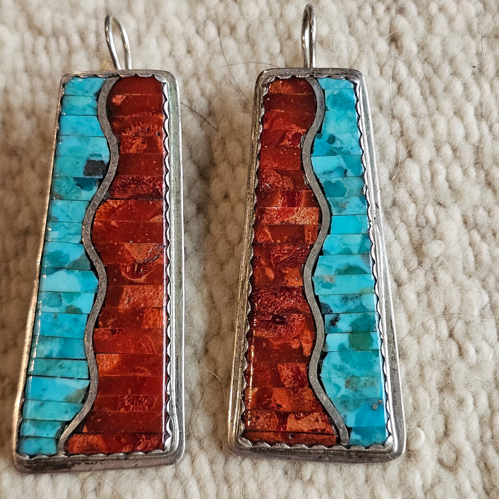 Zuni Turquoise & Coral Inlay Native Earrings Old Pawn 2 1/2"  JE 277