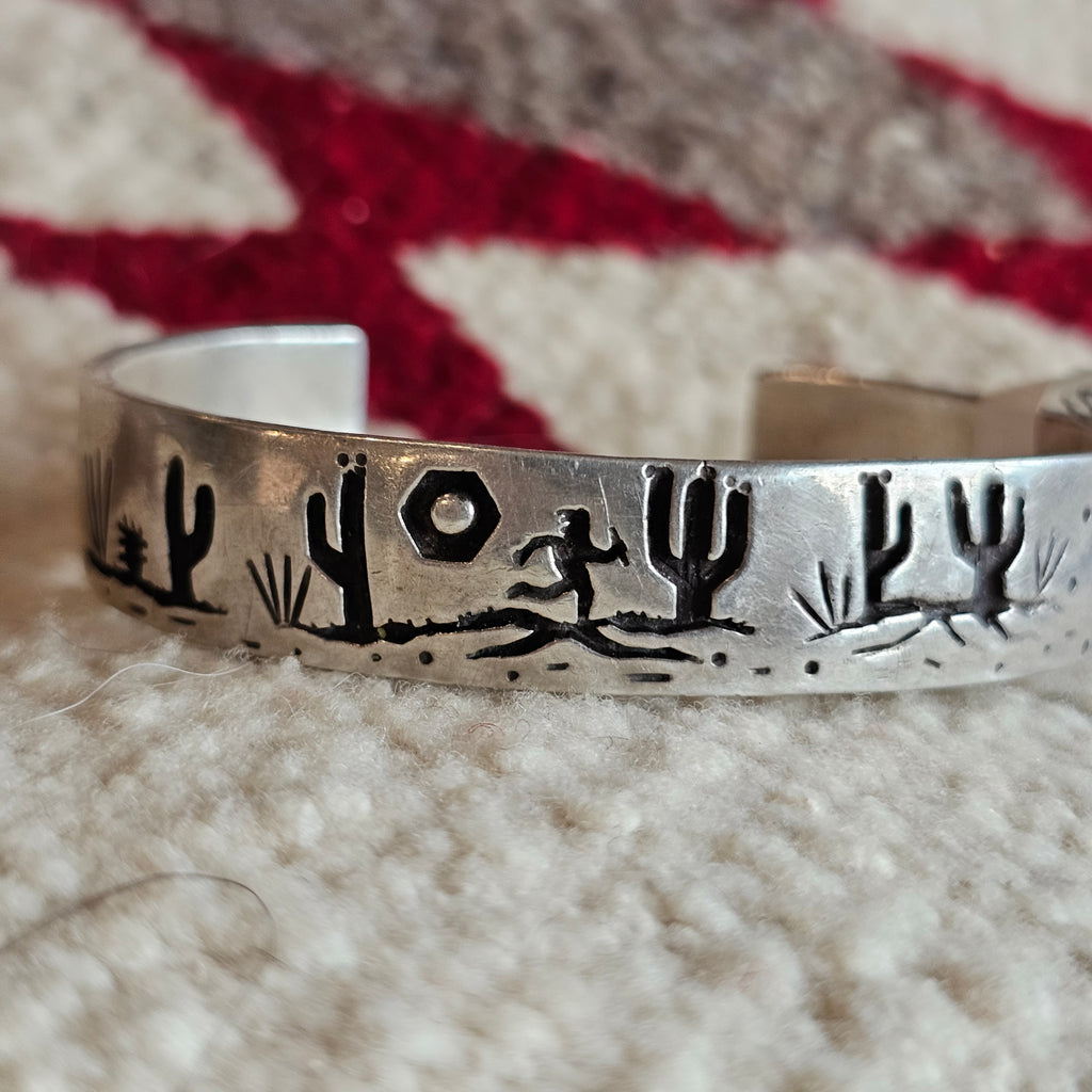 Signed Mystery Figure Vintage Native Silver Overlay Sterling Cuff  sz 6 1/2"  JB 323