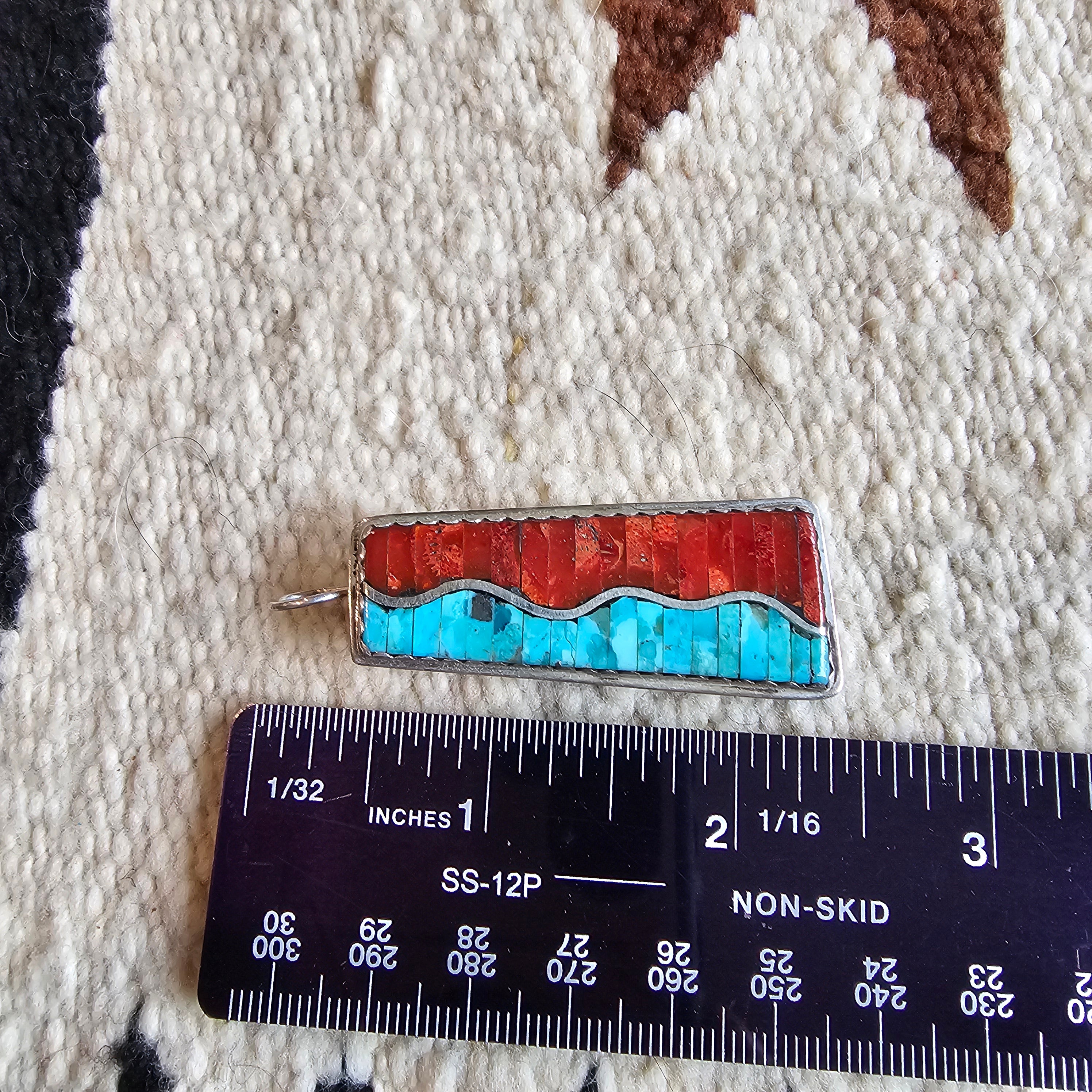 Zuni Turquoise & Coral Inlay Native Earrings Old Pawn 2 1/2"  JE 277