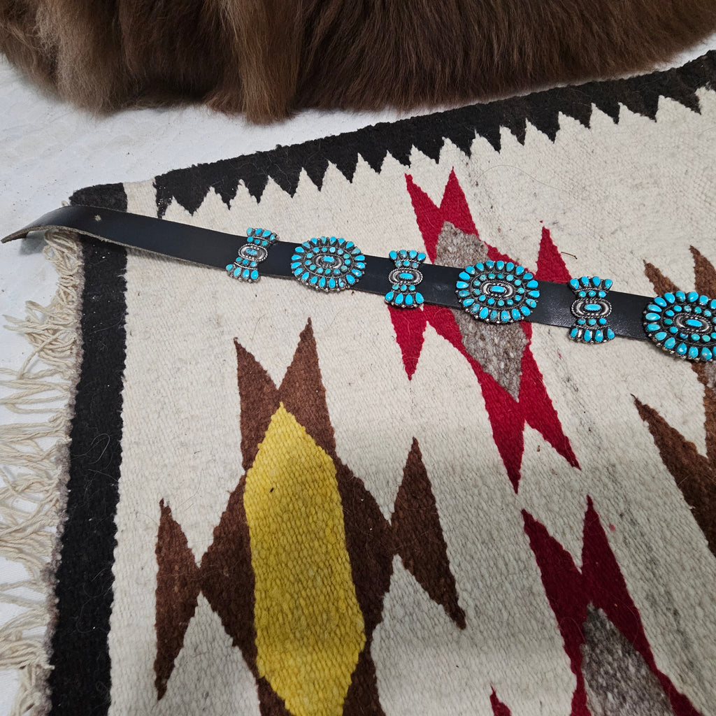 Zuni Signed Vintage Petitpoint Blue Turquoise Concho Belt Sterling Old Pawn. JBL 165