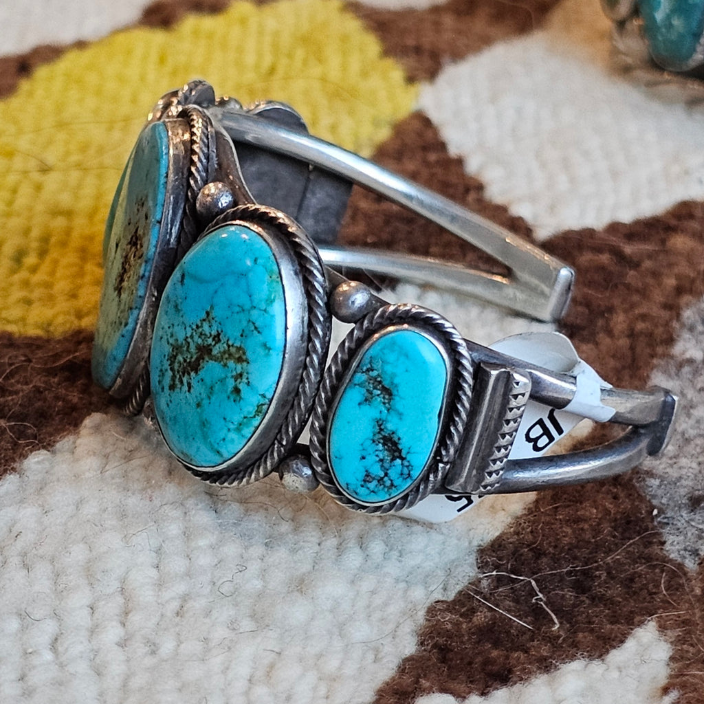 1940s Big Blue Cabochons Turquoise Sterling Silver Row Bracelet 6 3/4" wrist JB 275