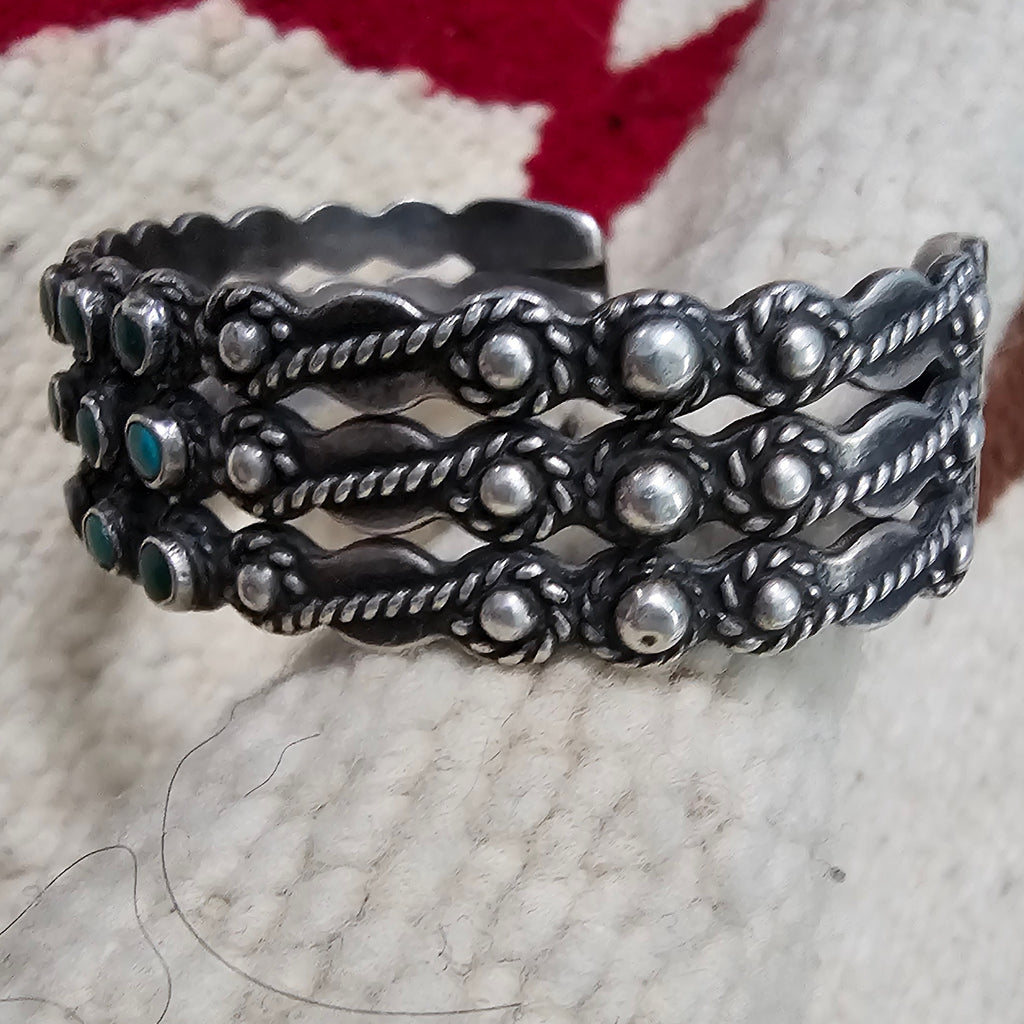 1930s Zuni 3 Row Decorative Cuff Turquoise Stones Old Pawn Cuff  fits 6 1/4" wrist. JB 259