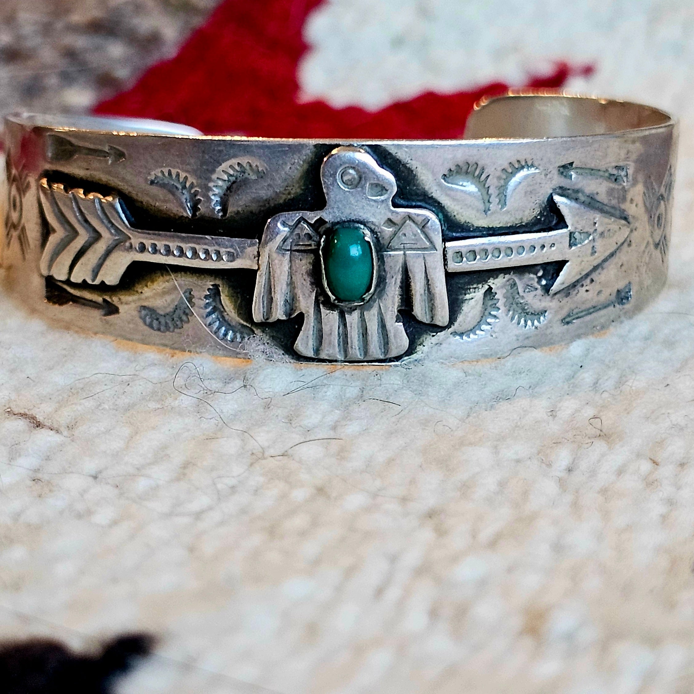 1930s Thunderbird Turquoise Native Sterling Cuff fits 6 1/2" wrist. JB 336
