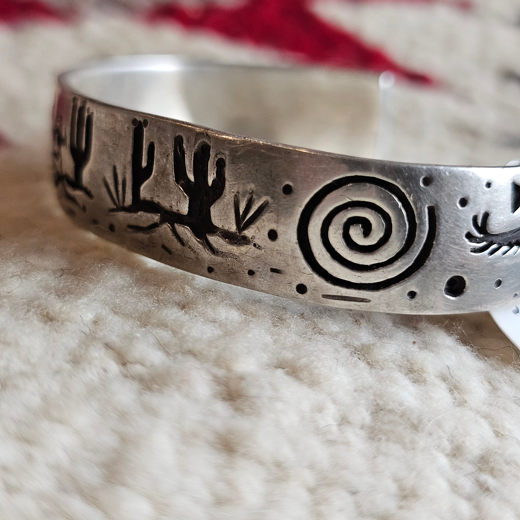 Signed Mystery Figure Vintage Native Silver Overlay Sterling Cuff  sz 6 1/2"  JB 323