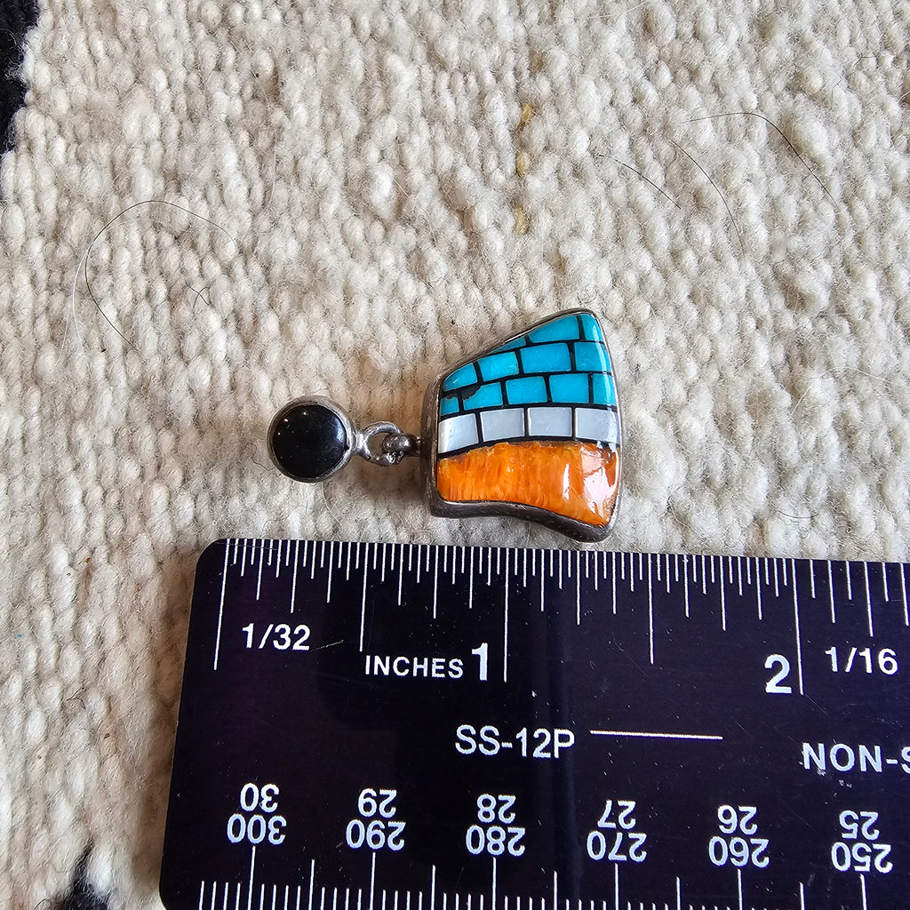 Dramatic Turquoise,  Onyx & Spiny Oyster Inlay Zuni Earrings Old Pawn 1 1/2"  JE 281