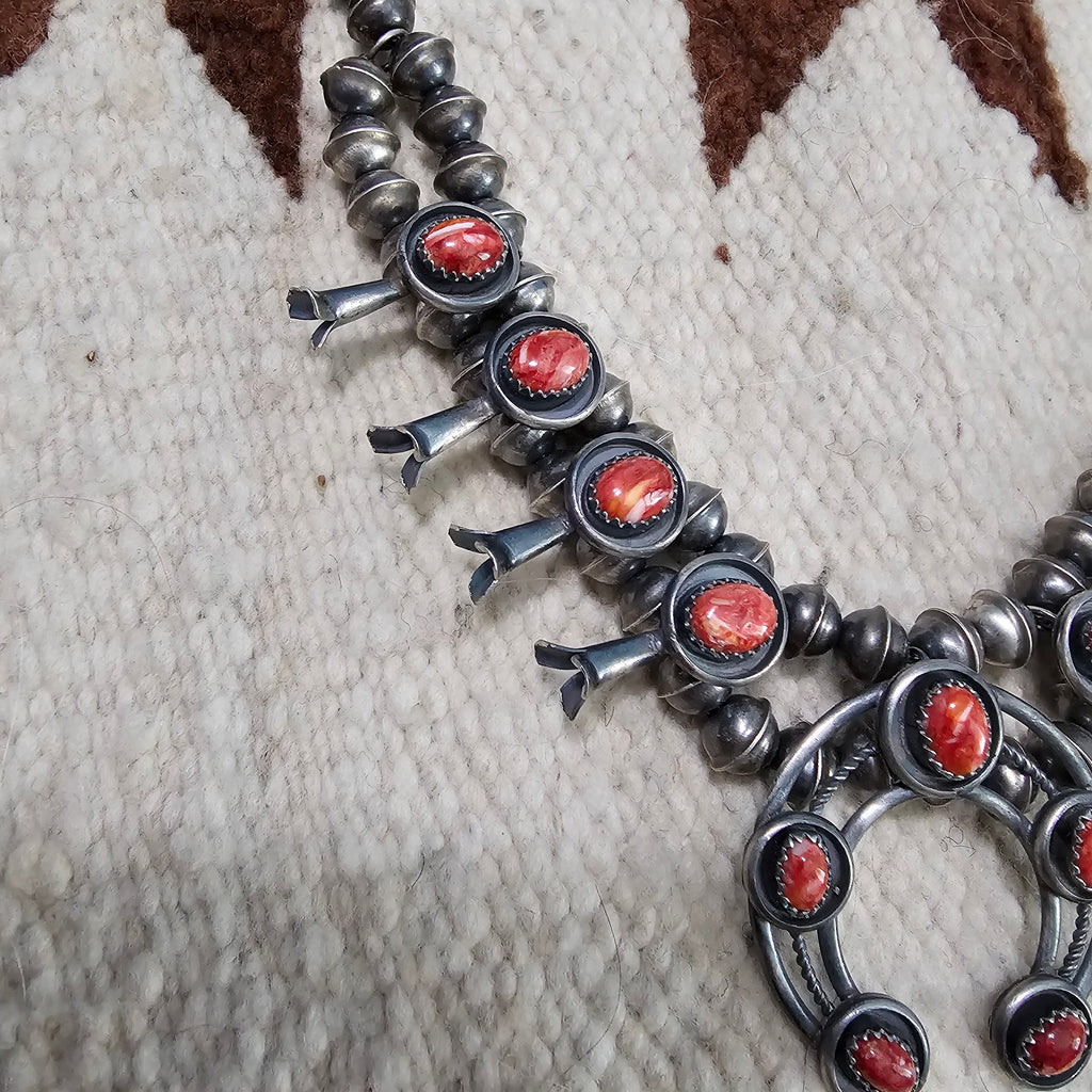 Signed Spiny Oyster Small Squash Blossom Necklace: Old Pawn Sterling Silver  JN 832