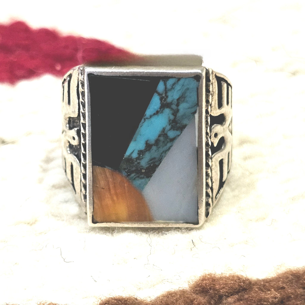 1950s Thunderbird Zuni Inlay Vintage Ring Sterling Old Pawn Size 10 JR 645