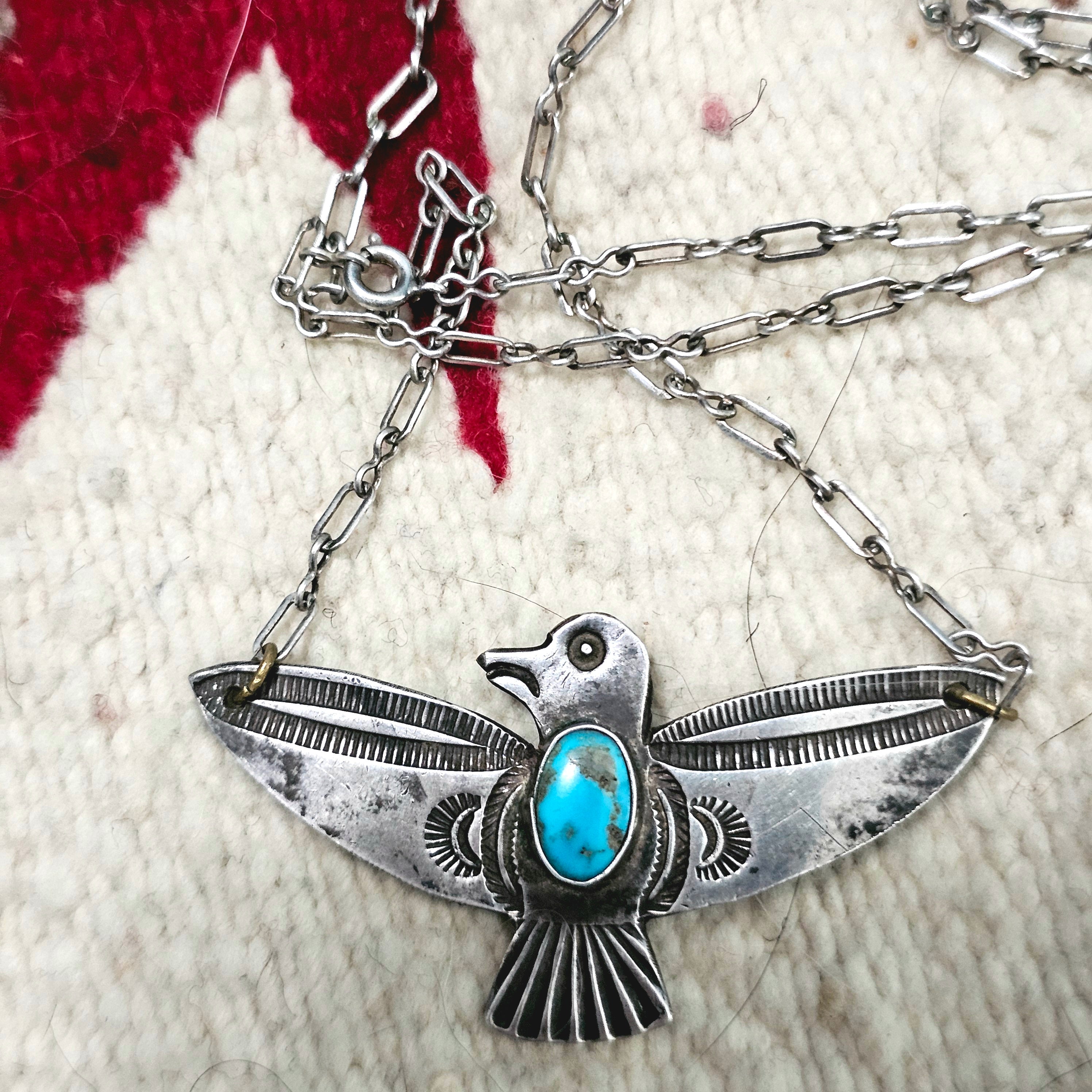 1930s Vintage Thunderbird Blue Turquoise Native Necklace Old Pawn JN 845