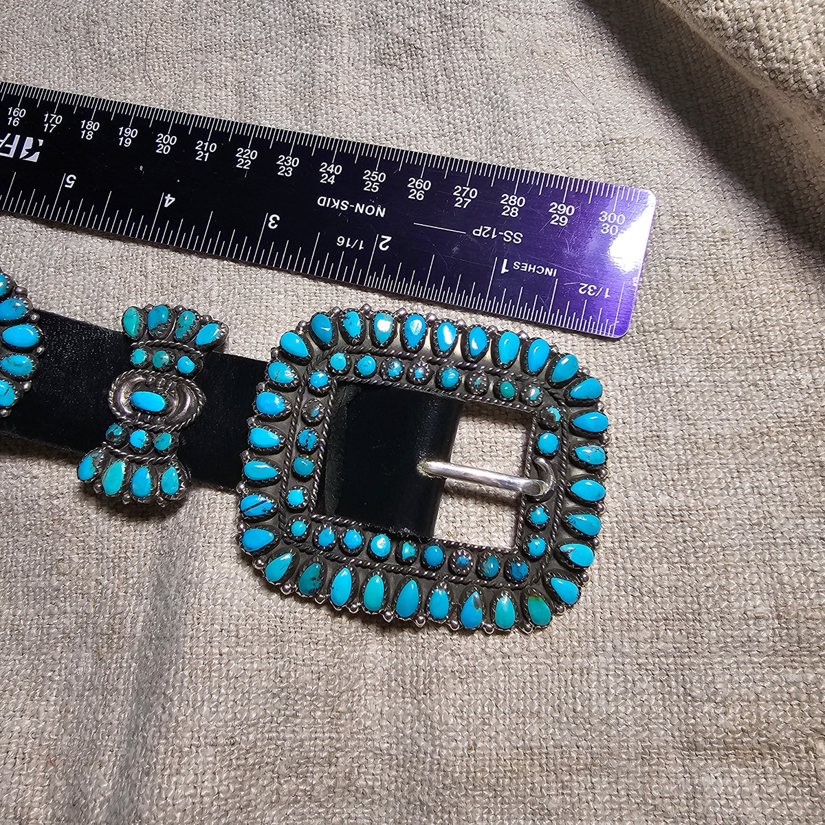 Zuni Signed Vintage Petitpoint Blue Turquoise Concho Belt Sterling Old Pawn. JBL 165