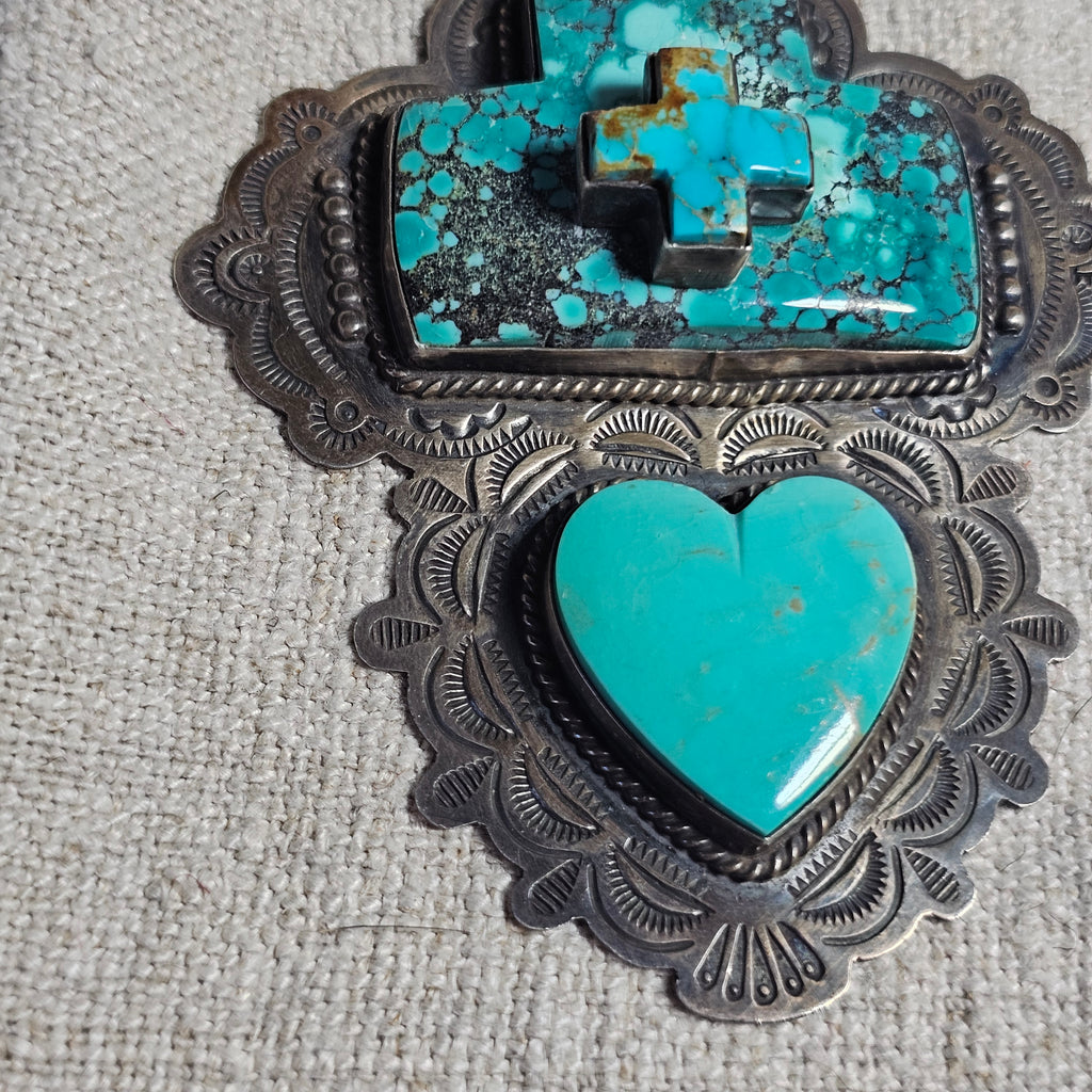 Big Heart & Cross Signed Turquoise Native Pendent Old Pawn Sterling # JPN 150