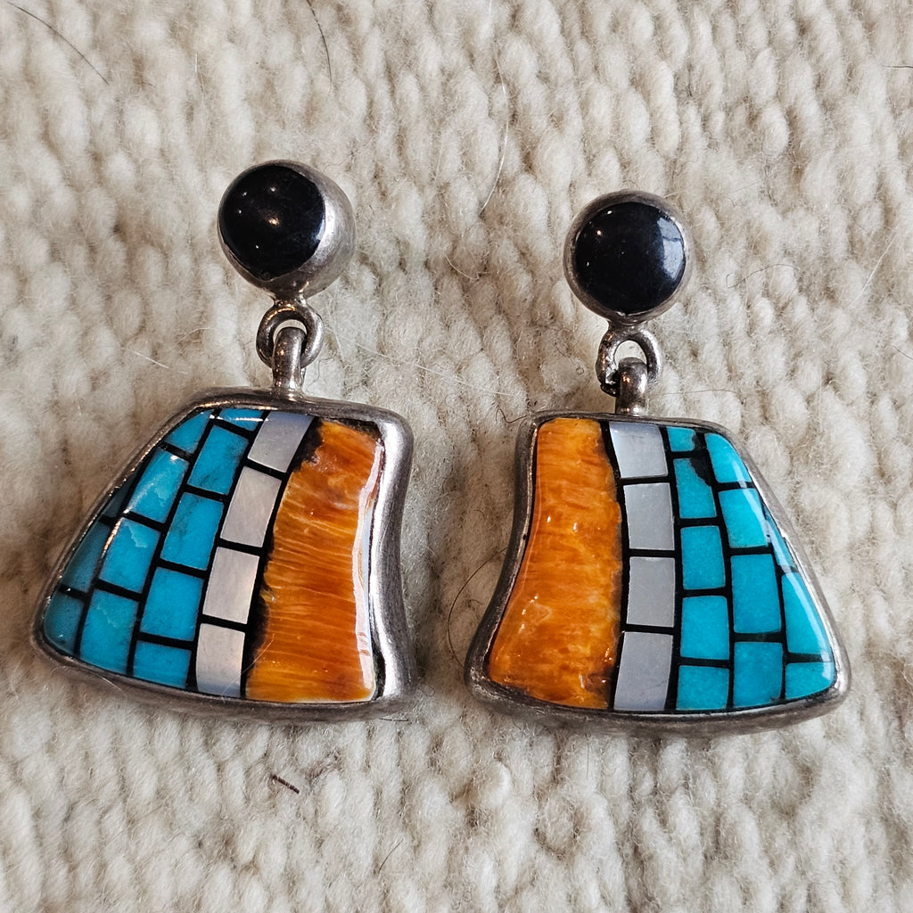 Dramatic Turquoise,  Onyx & Spiny Oyster Inlay Zuni Earrings Old Pawn 1 1/2"  JE 281