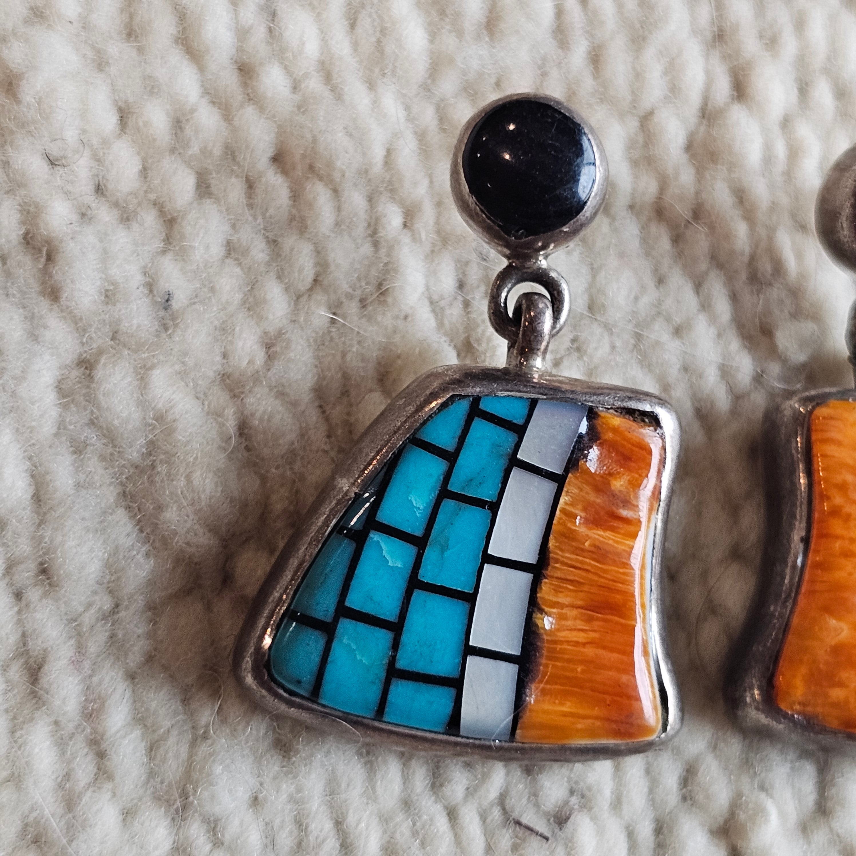 Dramatic Turquoise,  Onyx & Spiny Oyster Inlay Zuni Earrings Old Pawn 1 1/2"  JE 281