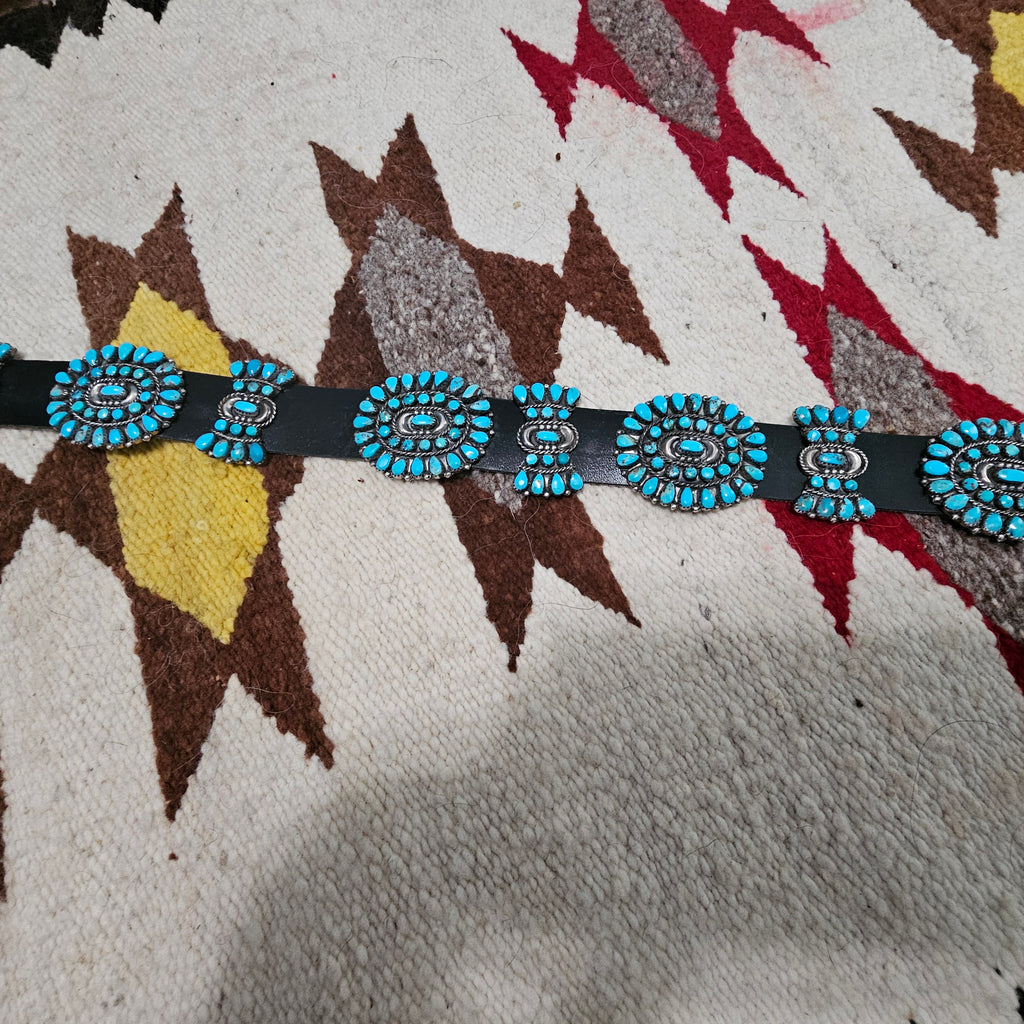 Zuni Signed Vintage Petitpoint Blue Turquoise Concho Belt Sterling Old Pawn. JBL 165