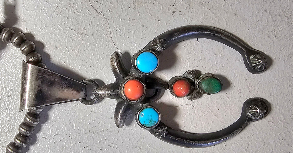 Naja Squash Blossom Turquoise & Coral Native Sterling Necklace  Old Pawn C1970s JN 803