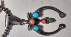 Naja Squash Blossom Turquoise & Coral Native Sterling Necklace  Old Pawn C1970s JN 803