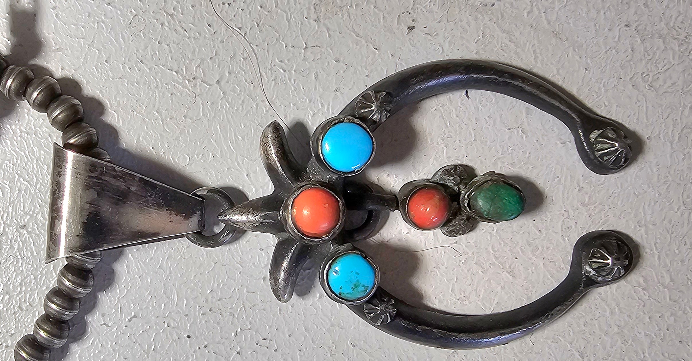 Naja Squash Blossom Turquoise & Coral Native Sterling Necklace  Old Pawn C1970s JN 803