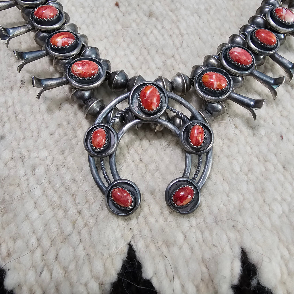 Signed Spiny Oyster Small Squash Blossom Necklace: Old Pawn Sterling Silver  JN 832