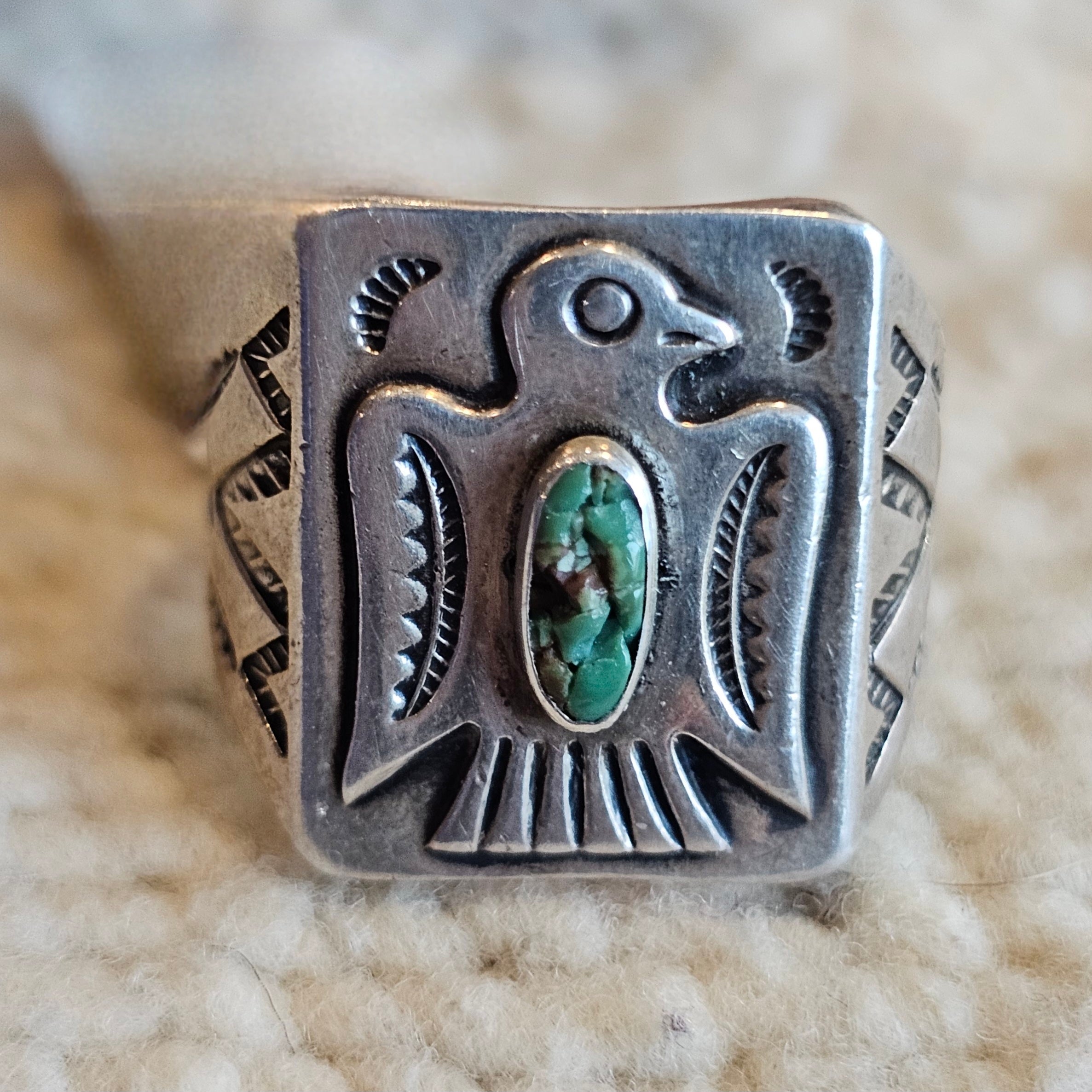 C1930s Classic Thunderbird Vintage Native Ring Turquoise size 9 1/2 JR 816