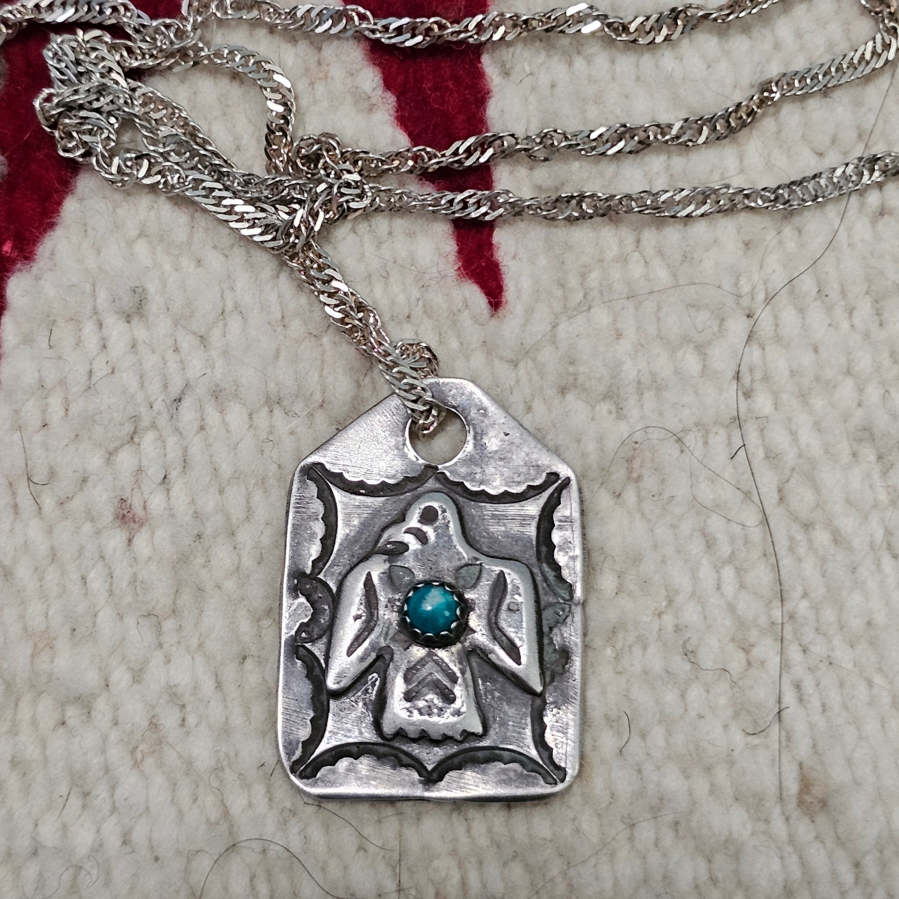 1930s Tag Thunderbird Blue Turquoise Native Necklace Old Pawn JN 846