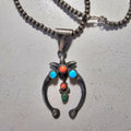 Naja Squash Blossom Turquoise & Coral Native Sterling Necklace  Old Pawn C1970s JN 803