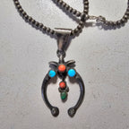 Naja Squash Blossom Turquoise & Coral Native Sterling Necklace  Old Pawn C1970s JN 803