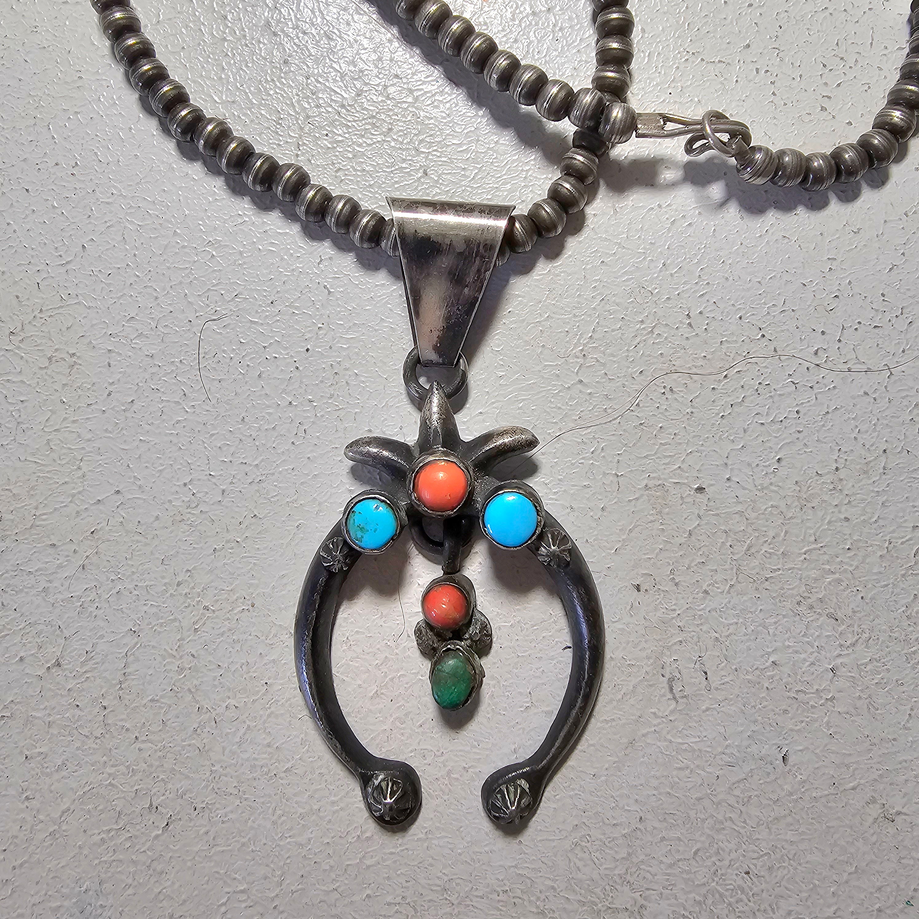 Naja Squash Blossom Turquoise & Coral Native Sterling Necklace  Old Pawn C1970s JN 803