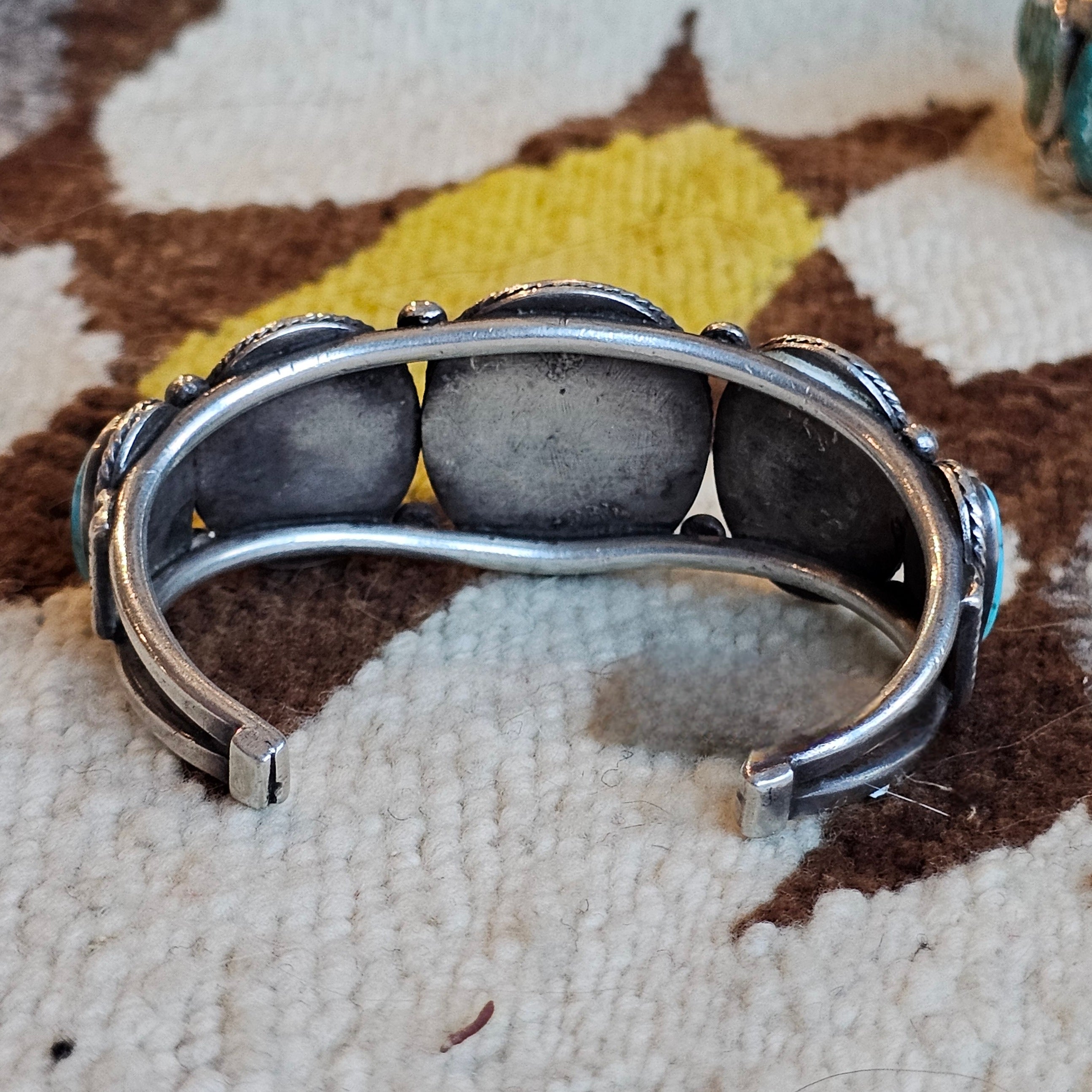 1940s Big Blue Cabochons Turquoise Sterling Silver Row Bracelet 6 3/4" wrist JB 275