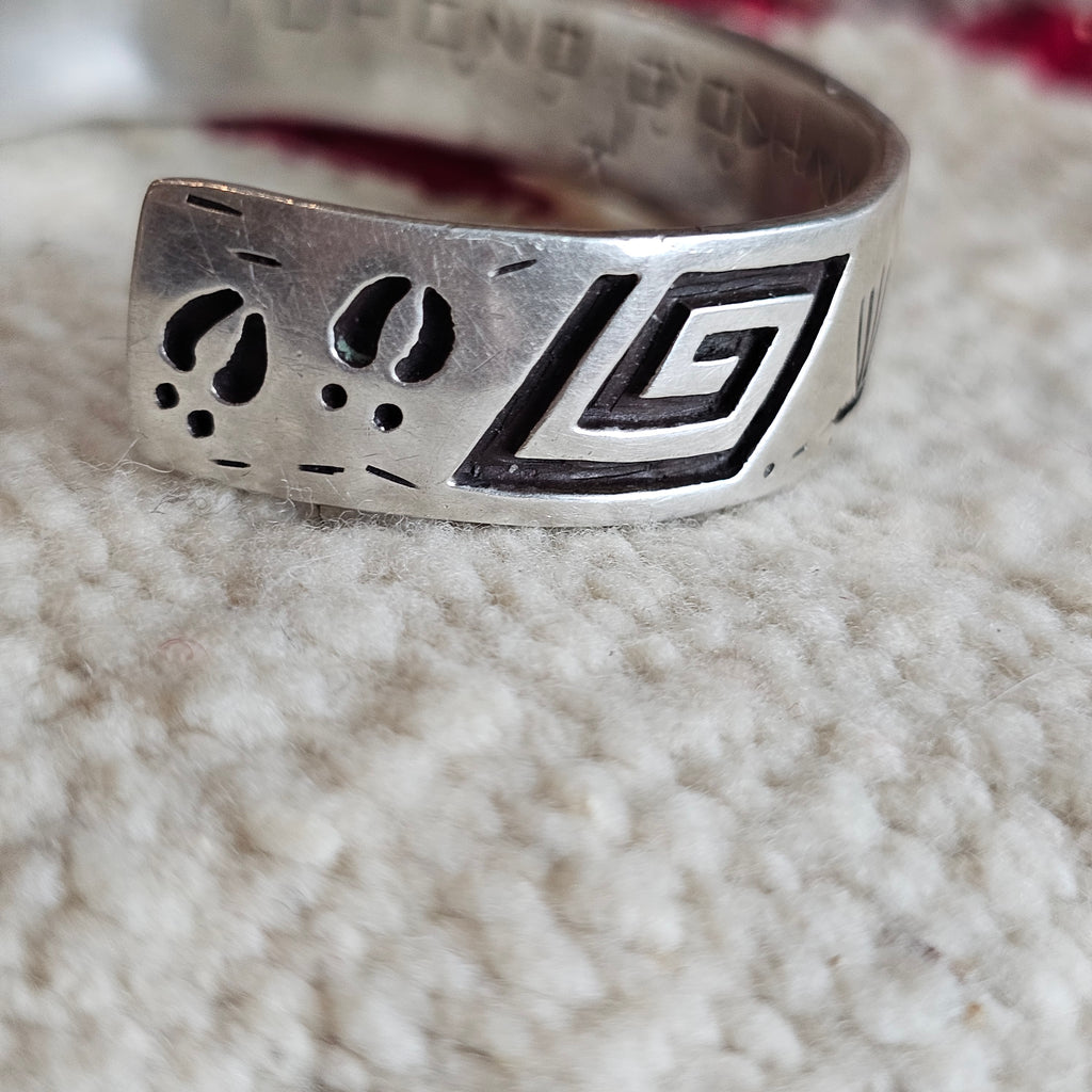 Signed Mystery Figure Vintage Native Silver Overlay Sterling Cuff  sz 6 1/2"  JB 323