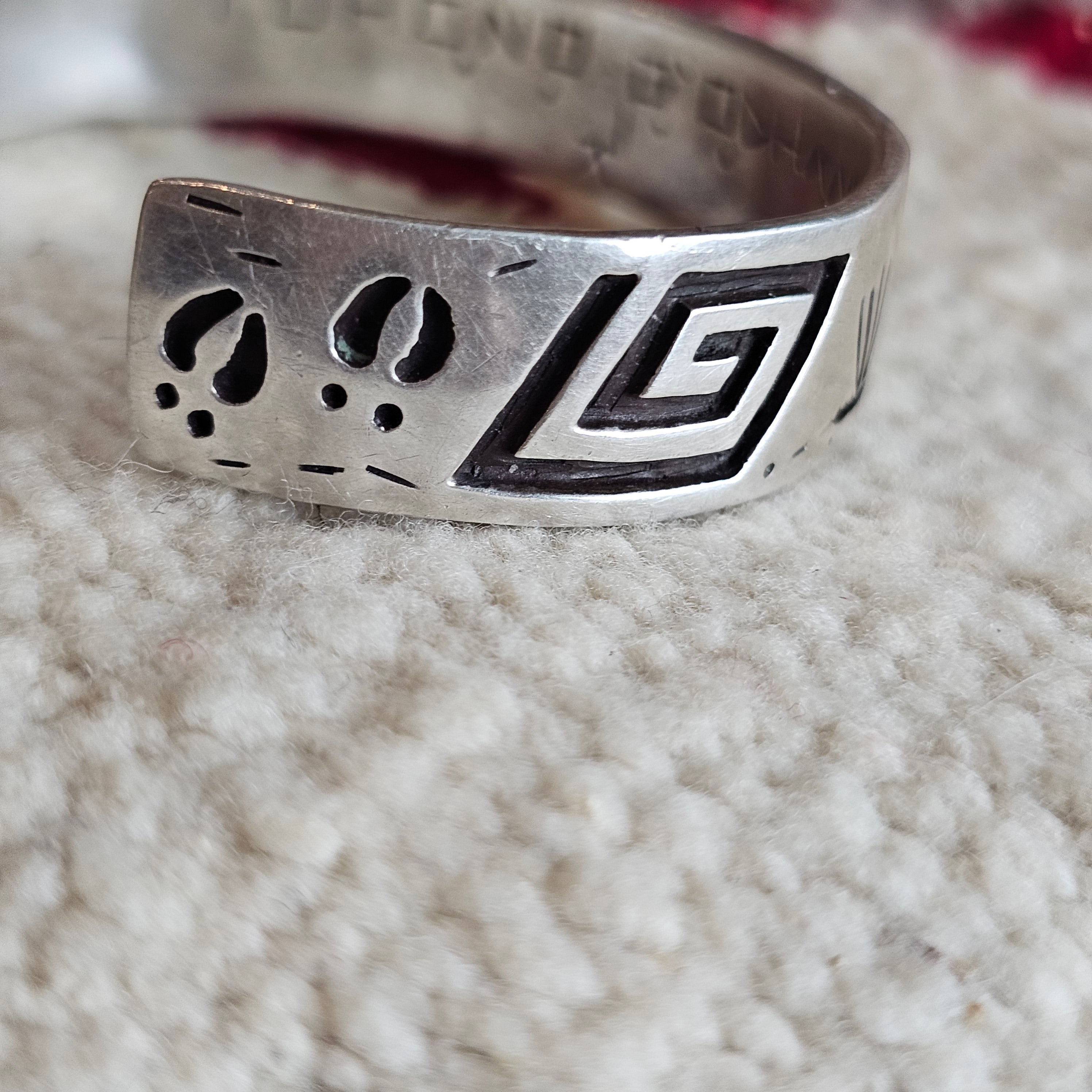 Signed Mystery Figure Vintage Native Silver Overlay Sterling Cuff  sz 6 1/2"  JB 323