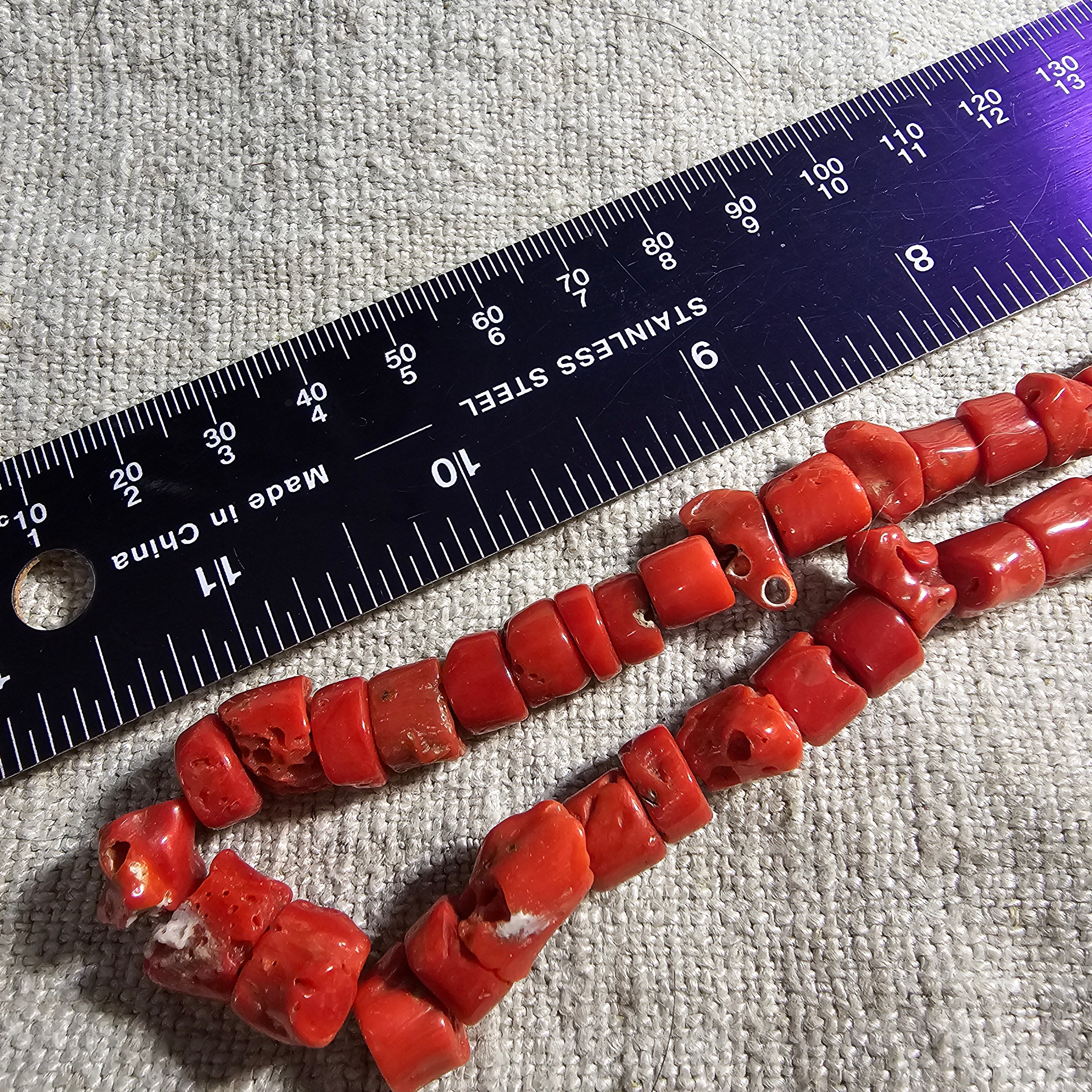 C1940s Vintage Pueblo Coral Heishi Necklace 24" Old Pawn Sterling.  JN 858