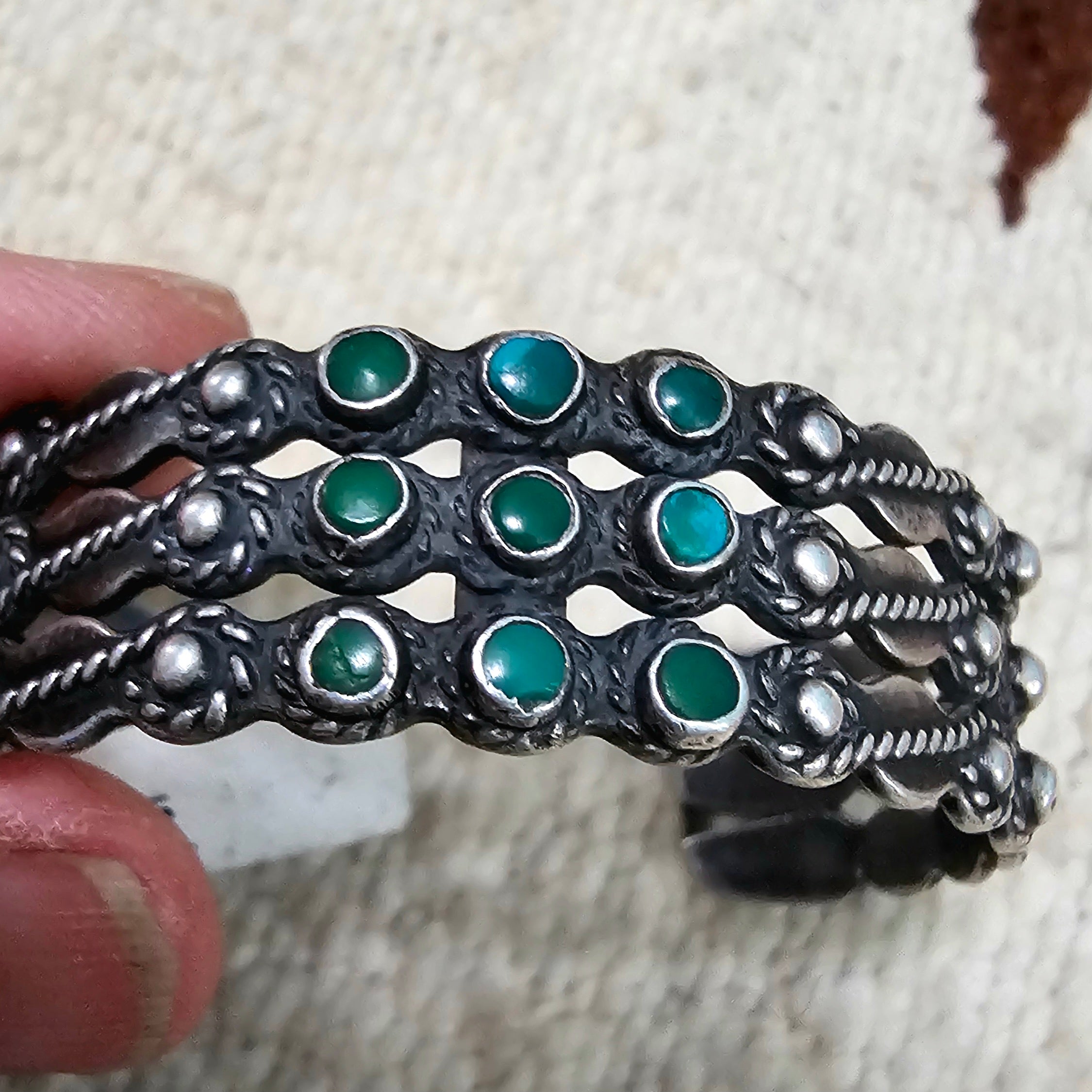 1930s Zuni 3 Row Decorative Cuff Turquoise Stones Old Pawn Cuff  fits 6 1/4" wrist. JB 259
