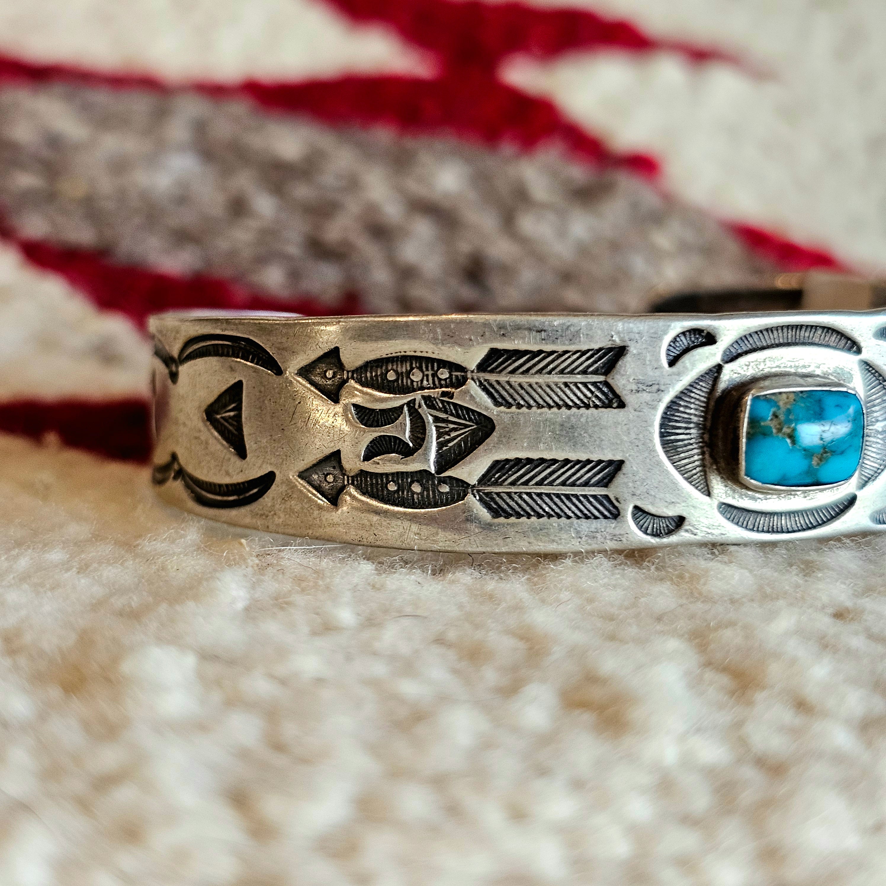 Ingot & Blue Turquoise Deep Punchwork Decorated Vintage Cuff Native Sterling Old Pawn fits 6 1/4" wrist JB 290