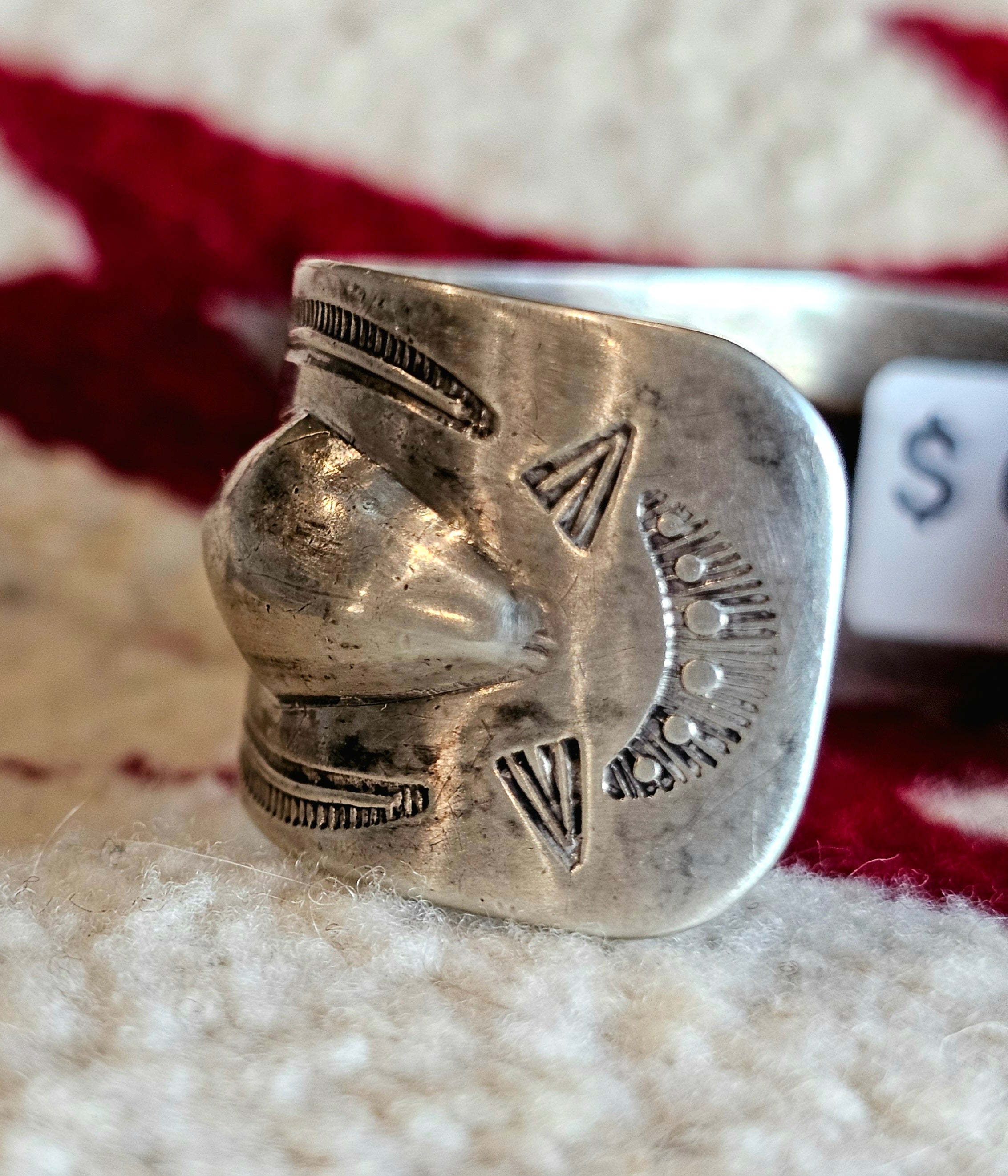 Wide Thunderbirds & Bump Outs Punchwork Decorated Vintage Larger Cuff Native Sterling Old Pawn fits 6 1/2" wrist JB 331
