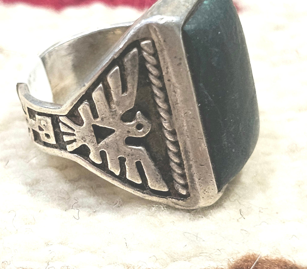 1950s Thunderbird Green Turquoise Vintage Ring Sterling Old Pawn Size 7 1/2 JR 724