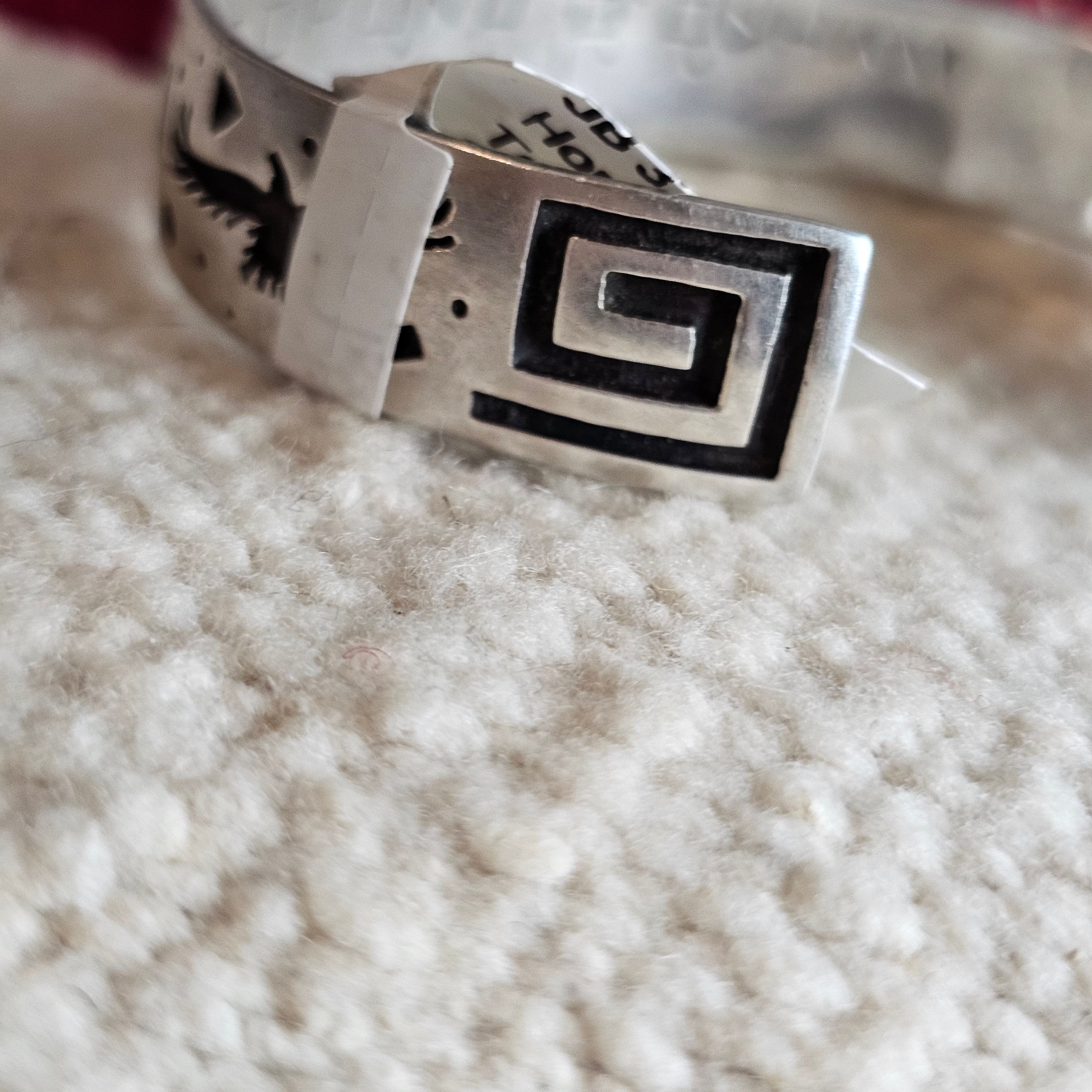 Signed Mystery Figure Vintage Native Silver Overlay Sterling Cuff  sz 6 1/2"  JB 323