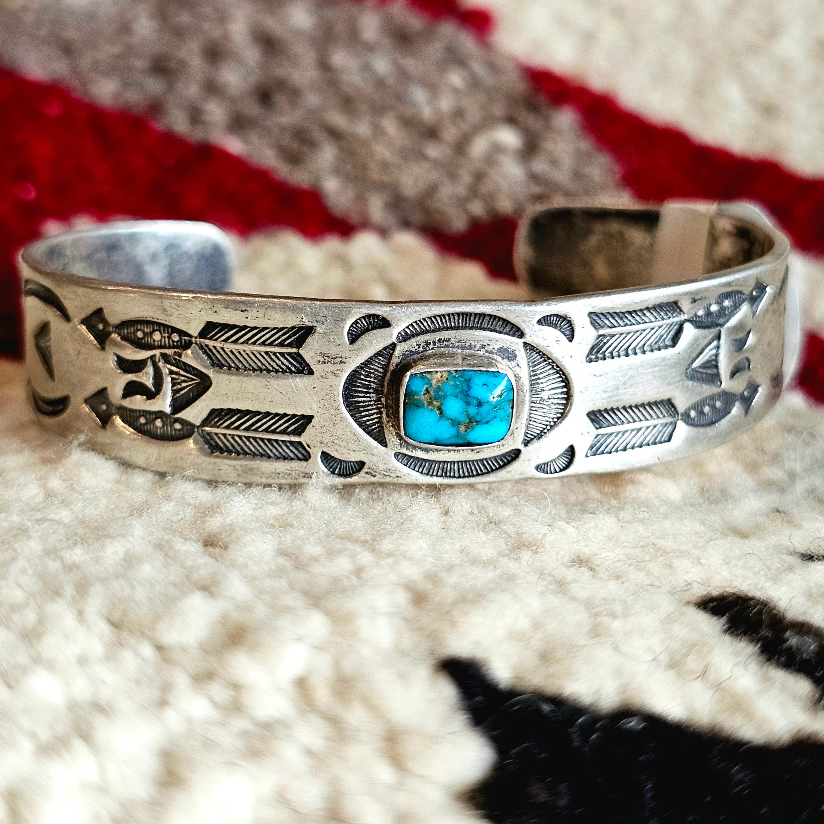 Ingot & Blue Turquoise Deep Punchwork Decorated Vintage Cuff Native Sterling Old Pawn fits 6 1/4" wrist JB 290
