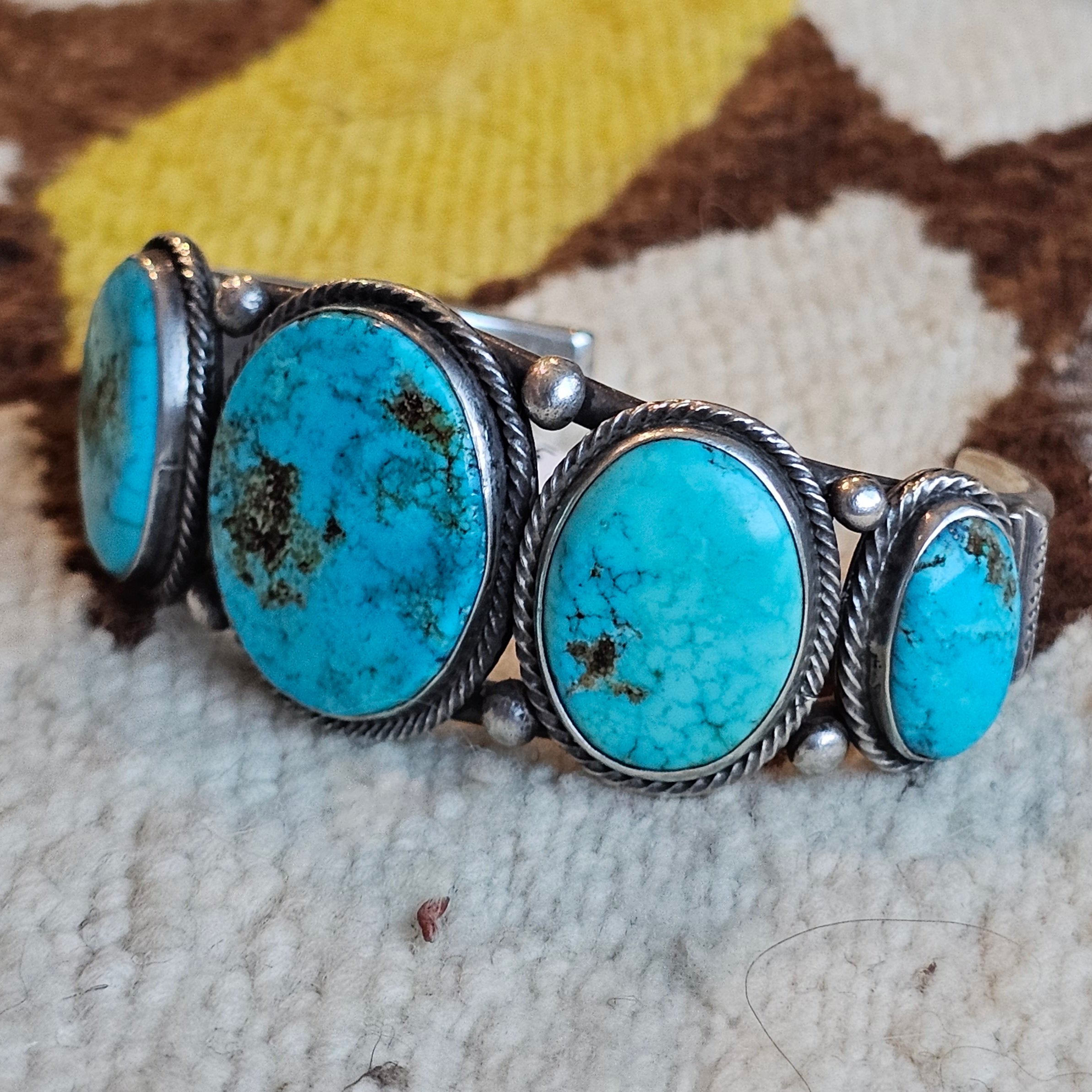 1940s Big Blue Cabochons Turquoise Sterling Silver Row Bracelet 6 3/4" wrist JB 275