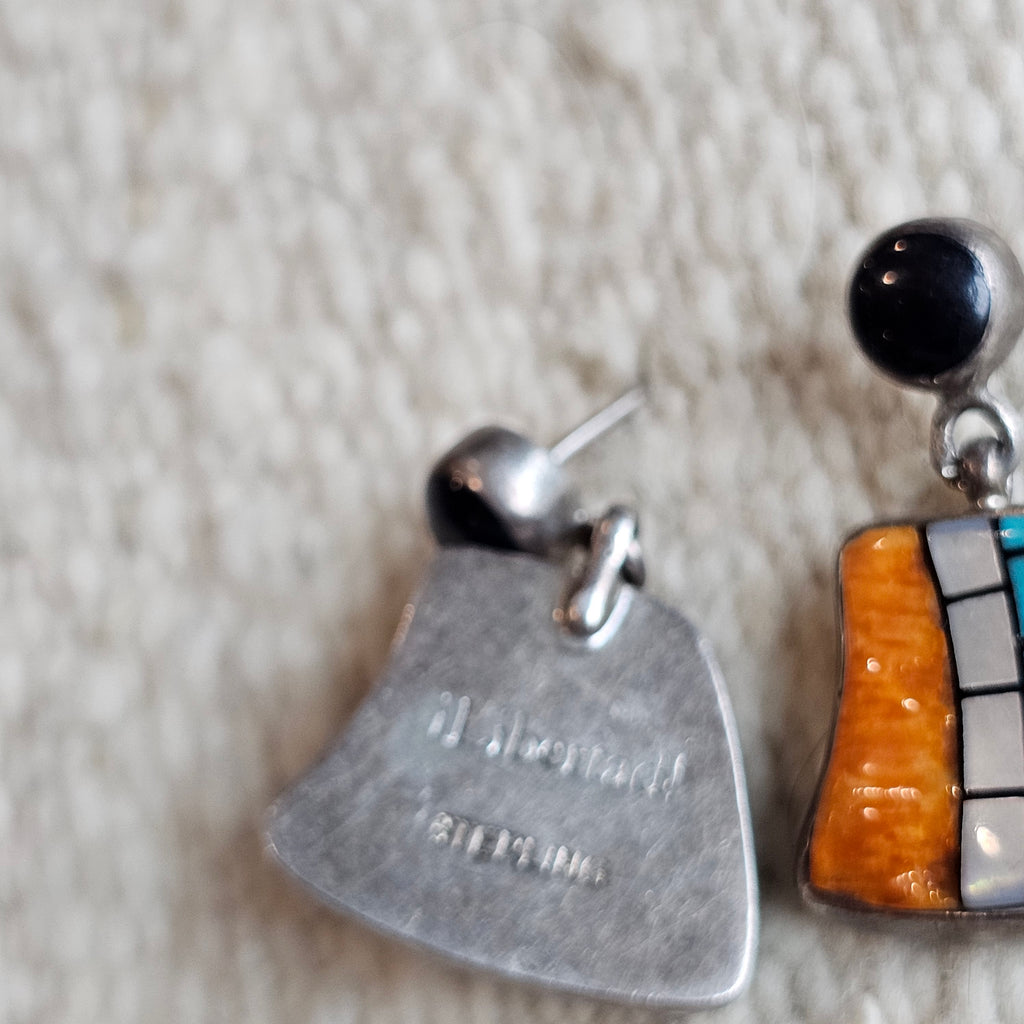 Dramatic Turquoise,  Onyx & Spiny Oyster Inlay Zuni Earrings Old Pawn 1 1/2"  JE 281