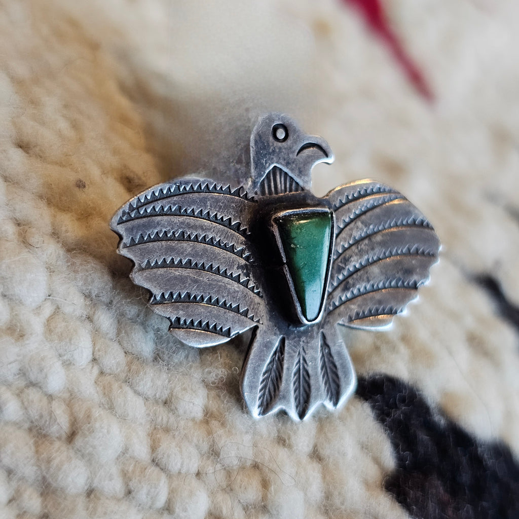 1930s Thunderbird Green Turquoise Pin Old Pawn JP 194