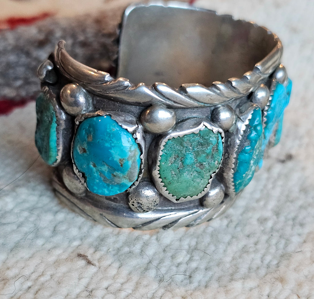 1940s Vintage Drilled Turquoise Sterling Silver Navajo Cuff Bracelet 6 3/4" wrist JB 172