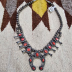 Signed Spiny Oyster Small Squash Blossom Necklace: Old Pawn Sterling Silver  JN 832