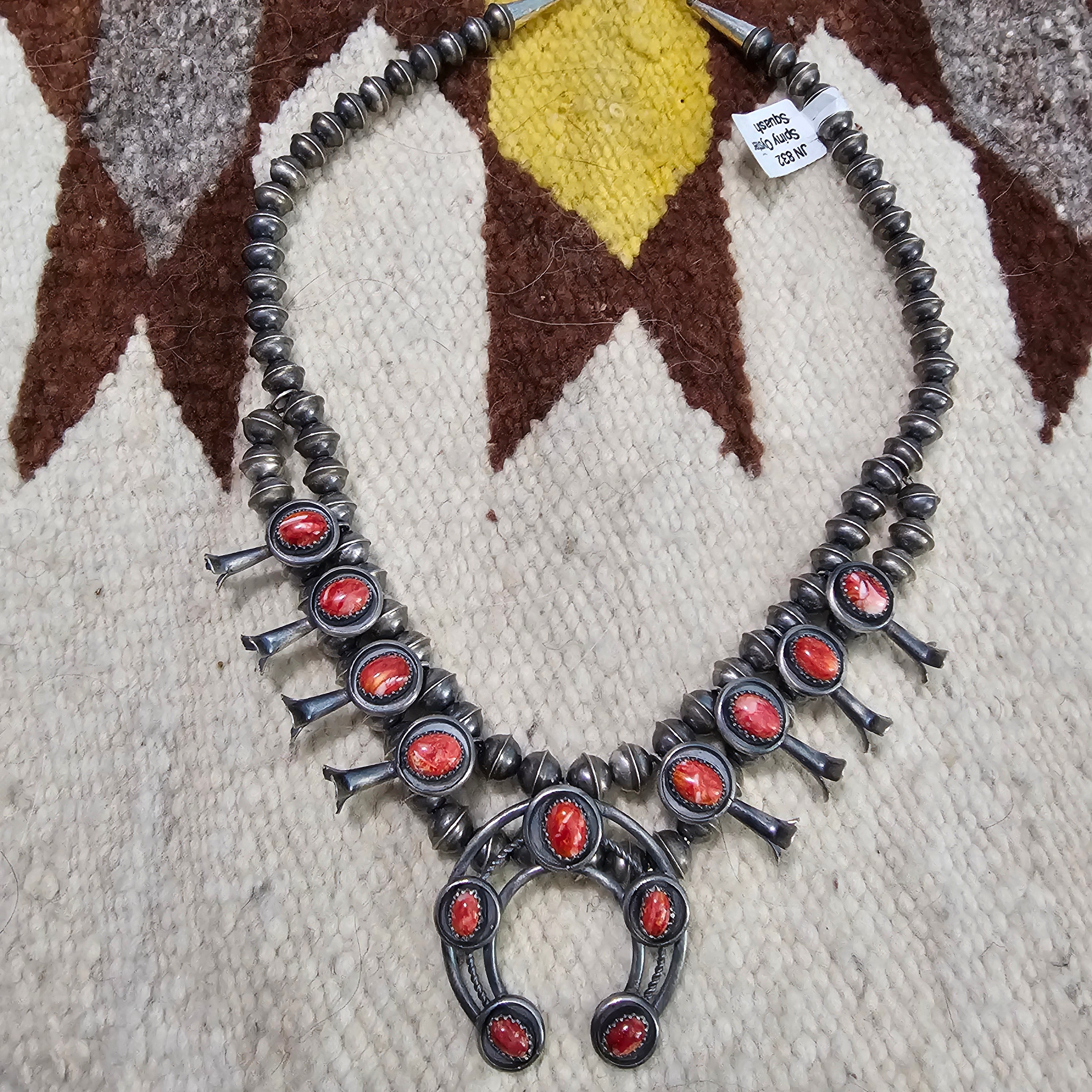 Signed Spiny Oyster Small Squash Blossom Necklace: Old Pawn Sterling Silver  JN 832