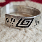 Signed Mystery Figure Vintage Native Silver Overlay Sterling Cuff  sz 6 1/2"  JB 323